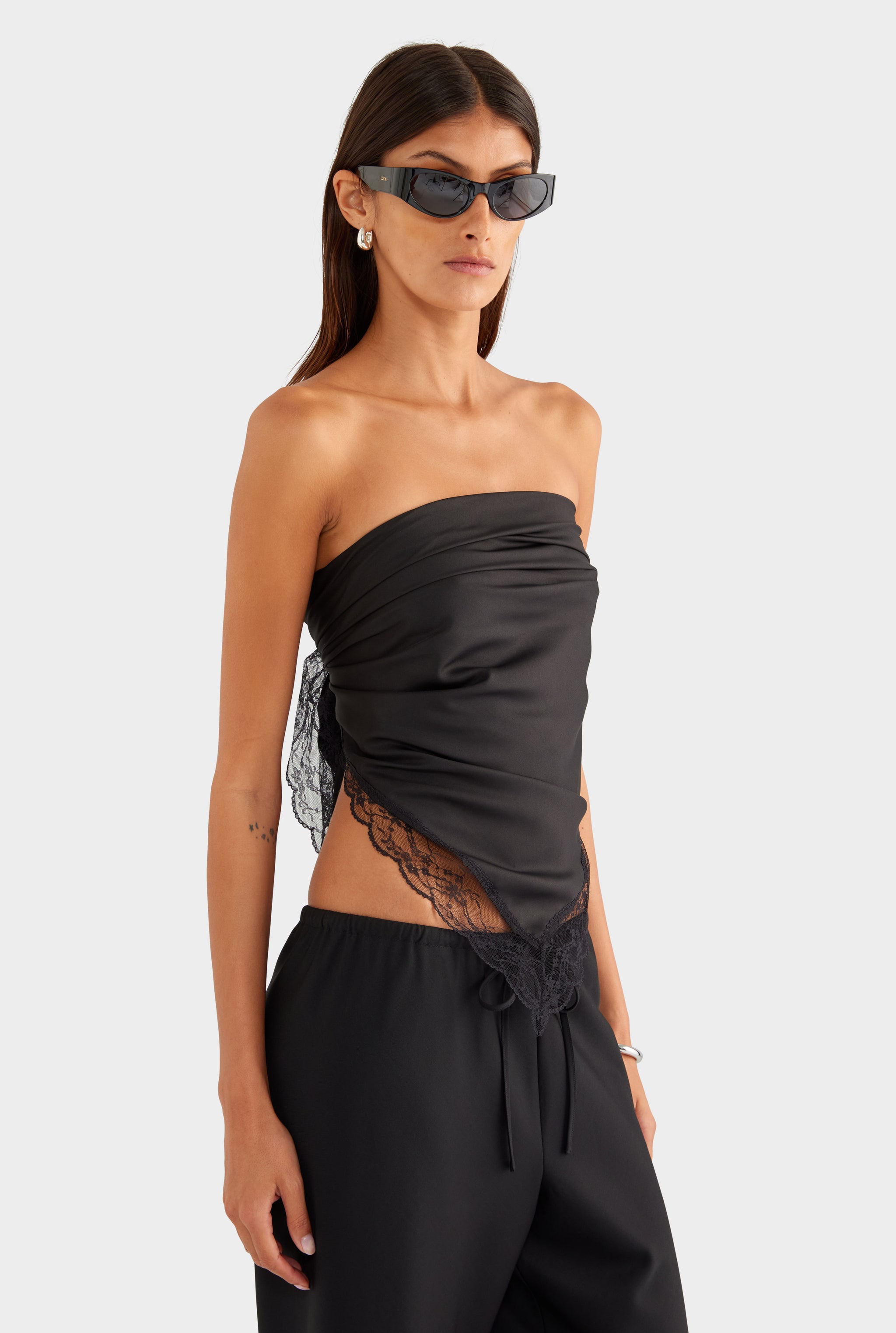 Lace Trim Silk Scarf - Black - OS