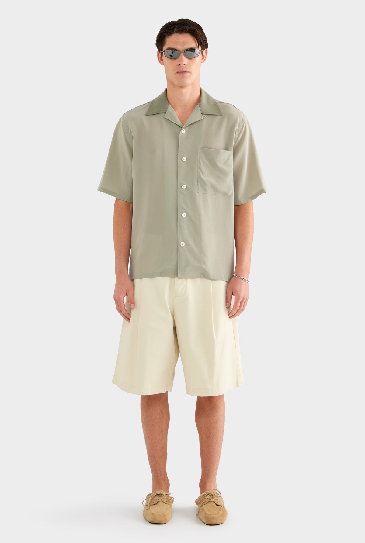 SS Silk Camp Collar Shirt - Dried Sage/Slate Olive - 100% Silk / Dried Sage/Slate Olive / XS