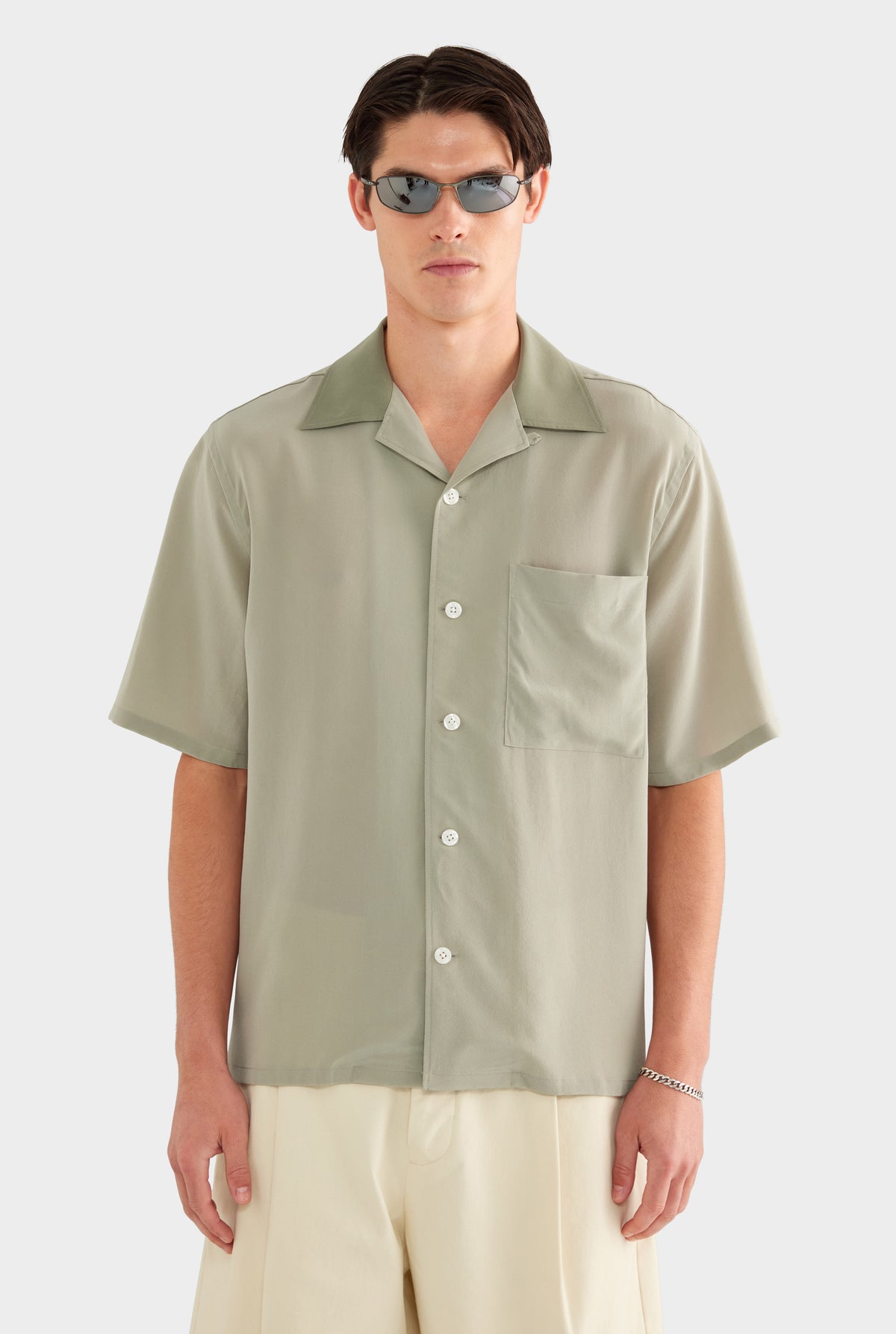 SS Silk Camp Collar Shirt - Dried Sage/Slate Olive - 100% Silk / Dried Sage/Slate Olive / XS
