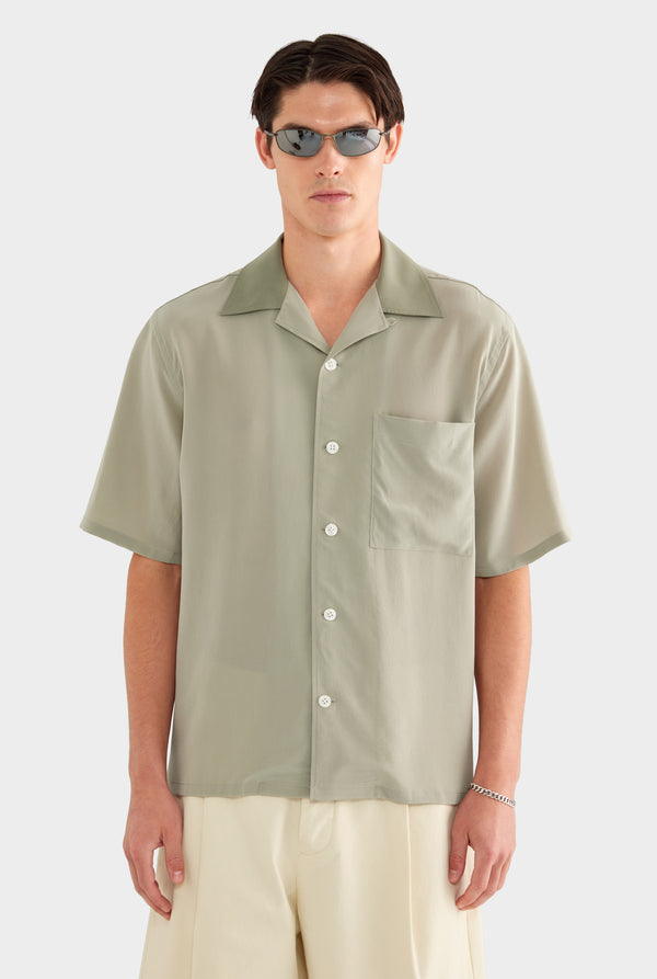 SS Silk Camp Collar Shirt - Dried Sage/Slate Olive - 100% Silk / Dried Sage/Slate Olive / XS