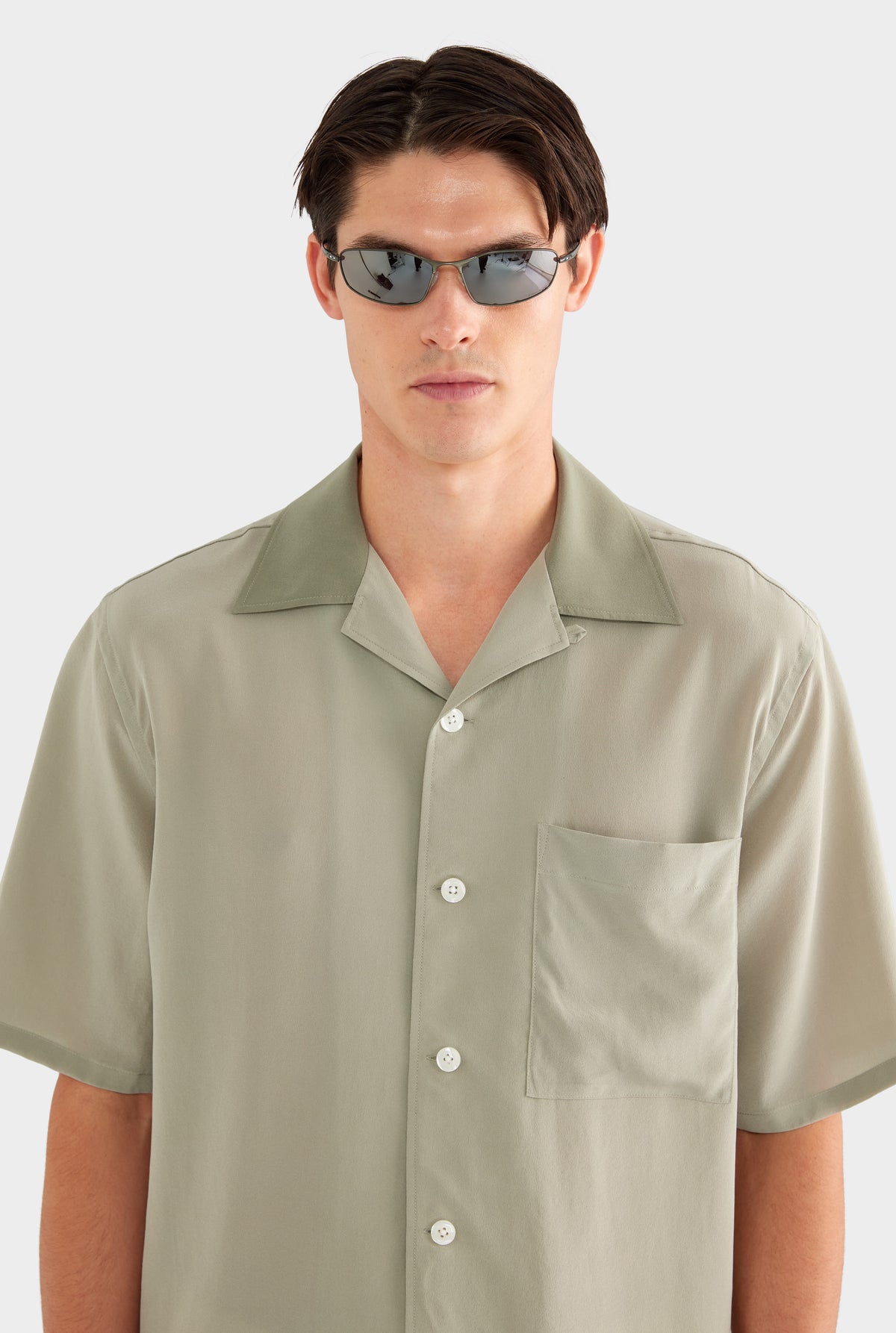 SS Silk Camp Collar Shirt - Dried Sage/Slate Olive - 100% Silk / Dried Sage/Slate Olive / XS