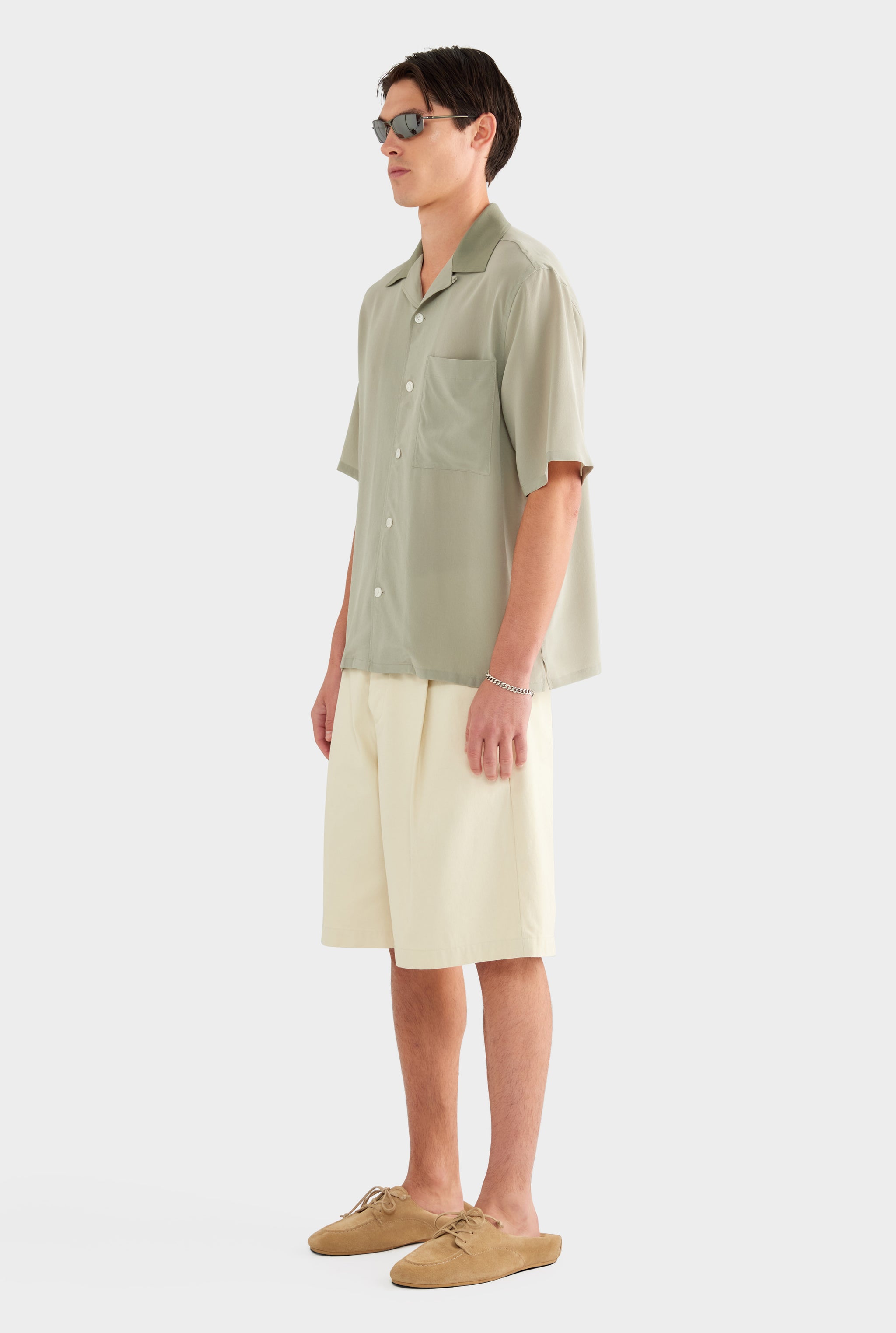 SS Silk Camp Collar Shirt - Dried Sage/Slate Olive - 100% Silk / Dried Sage/Slate Olive / XS