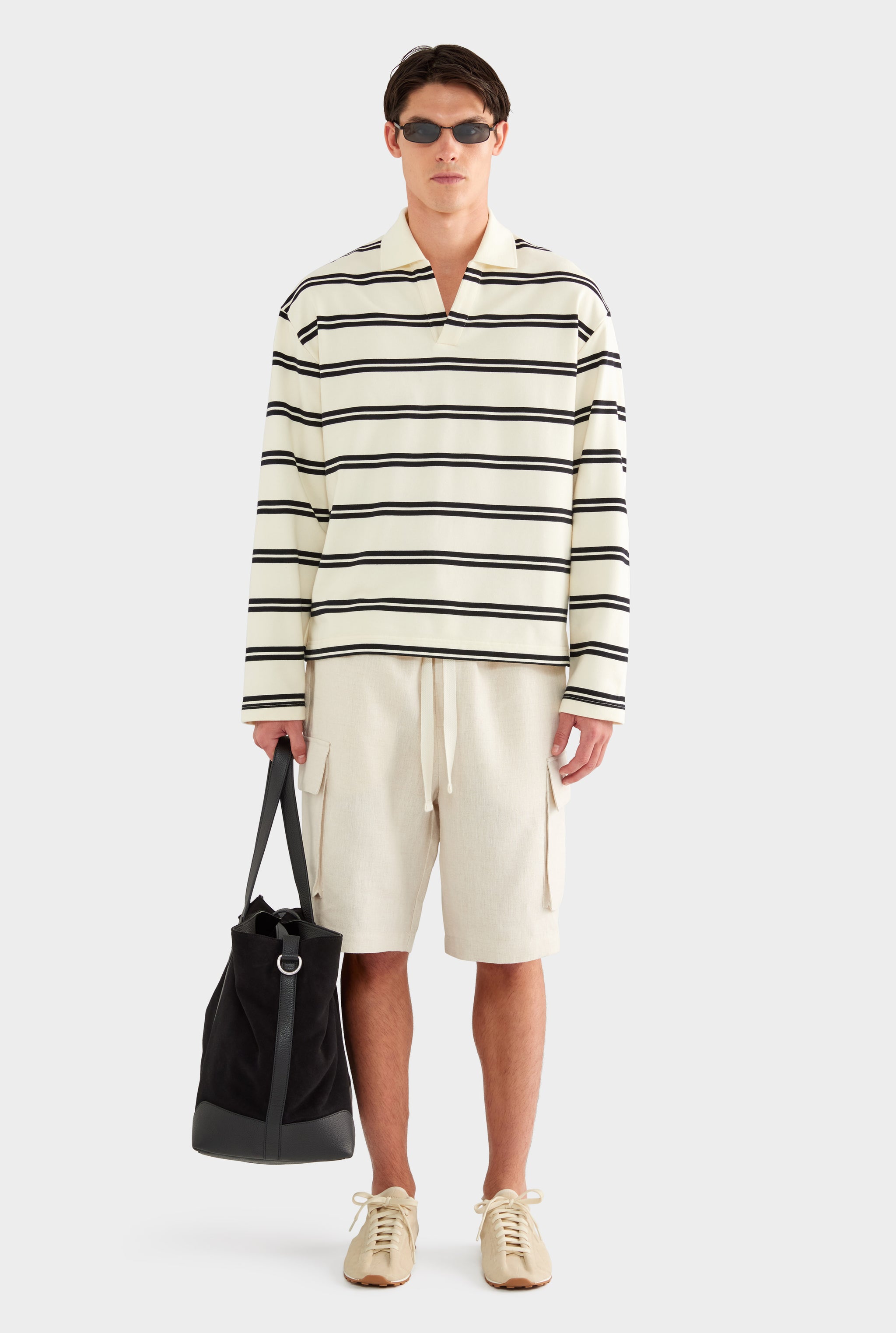 Open Neck Stripe Cotton Polo - Cream/Black Stripe - 50% Cotton 50% Polyester / Cream/Black Stripe / XS