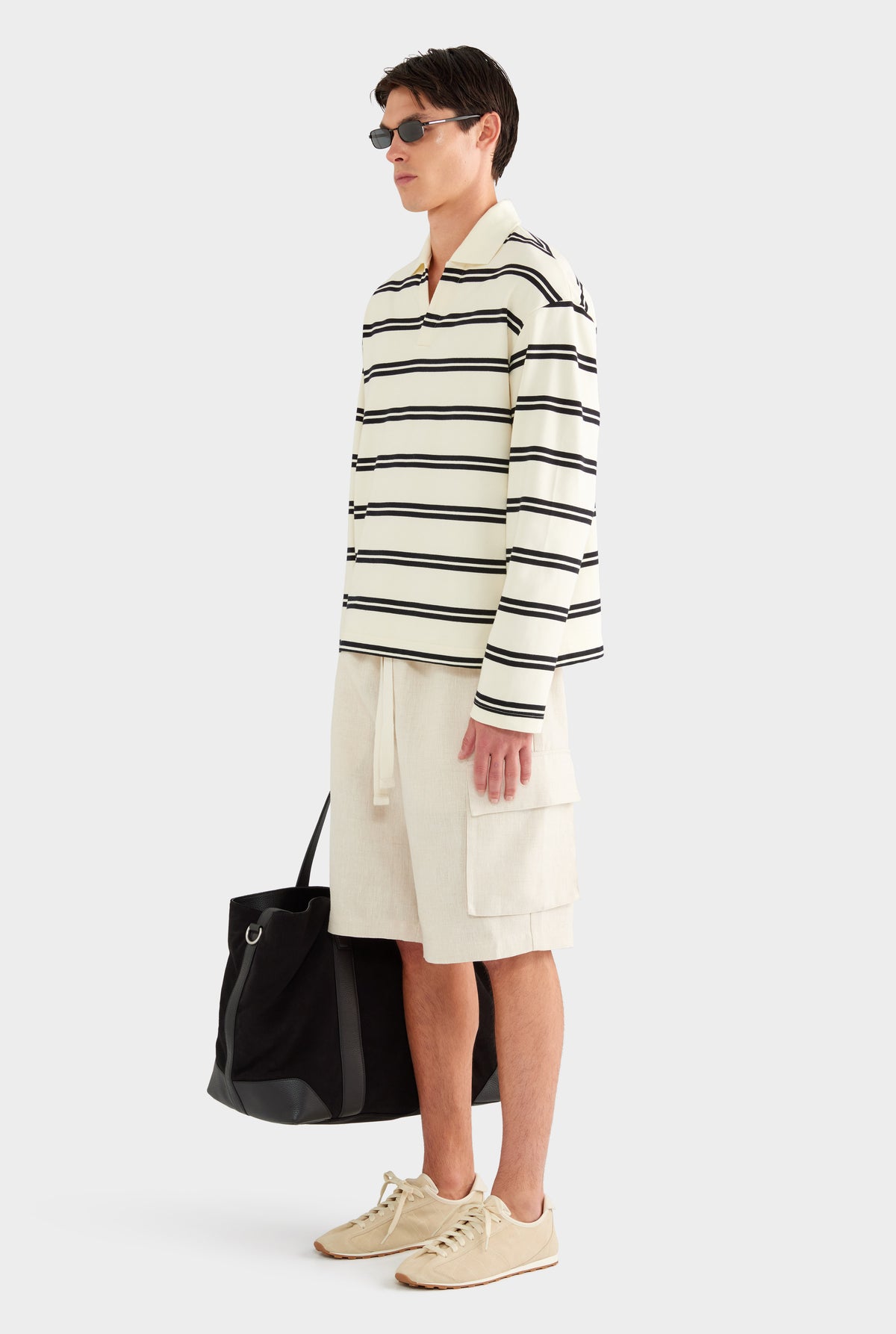 Open Neck Stripe Cotton Polo - Cream/Black Stripe - 50% Cotton 50% Polyester / Cream/Black Stripe / XS