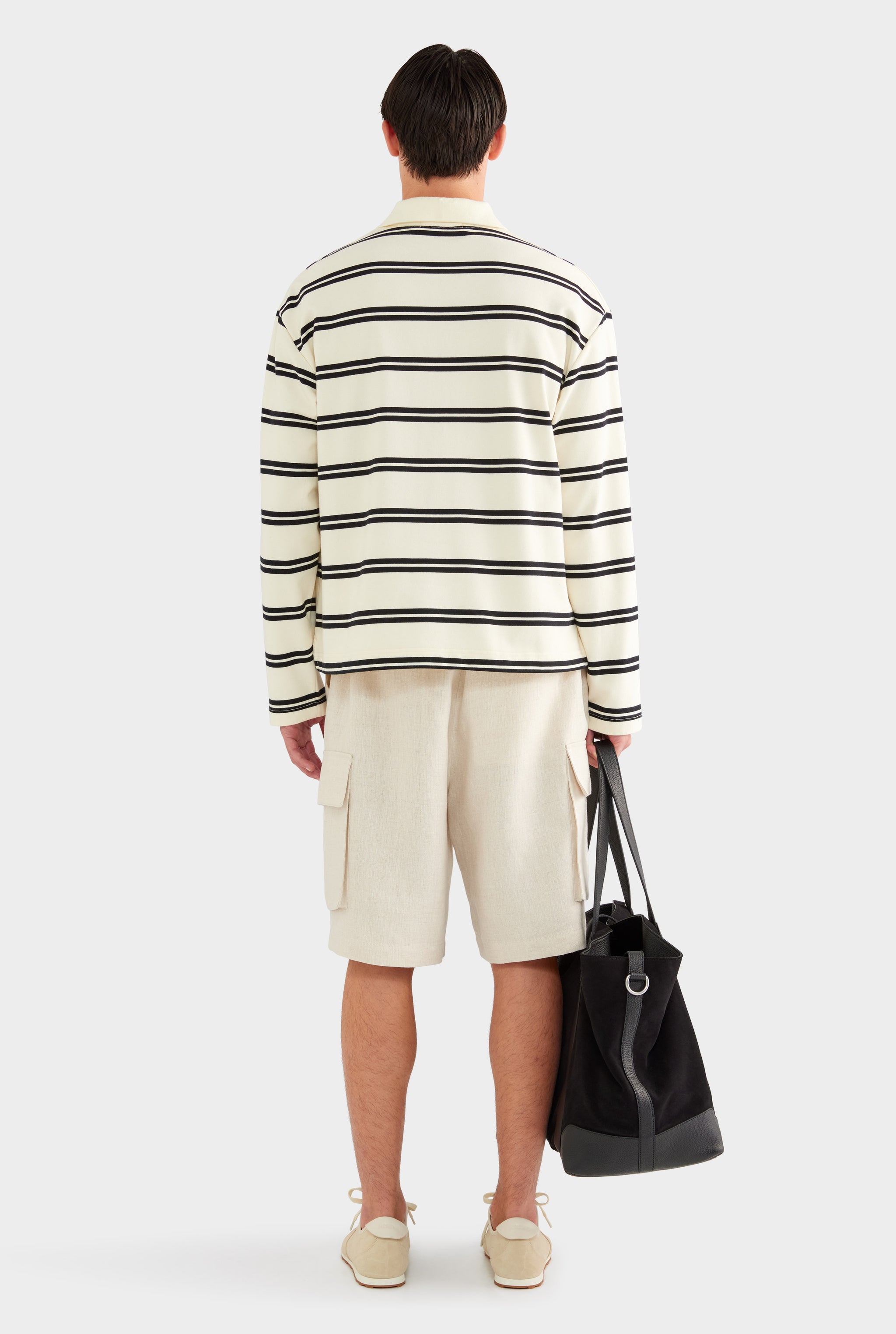Open Neck Stripe Cotton Polo - Cream/Black Stripe - 50% Cotton 50% Polyester / Cream/Black Stripe / XS