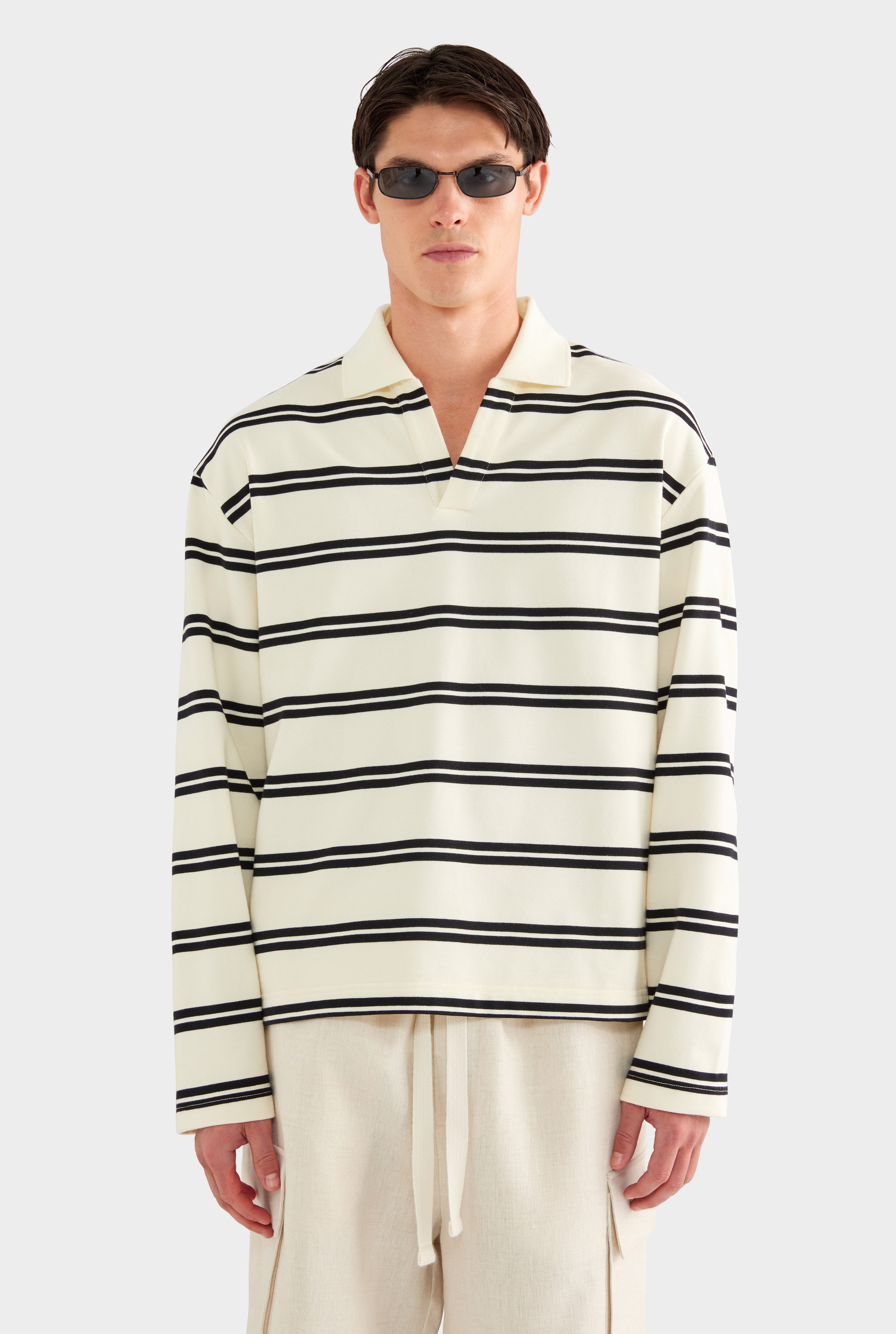 Open Neck Stripe Cotton Polo - Cream/Black Stripe - 50% Cotton 50% Polyester / Cream/Black Stripe / XS