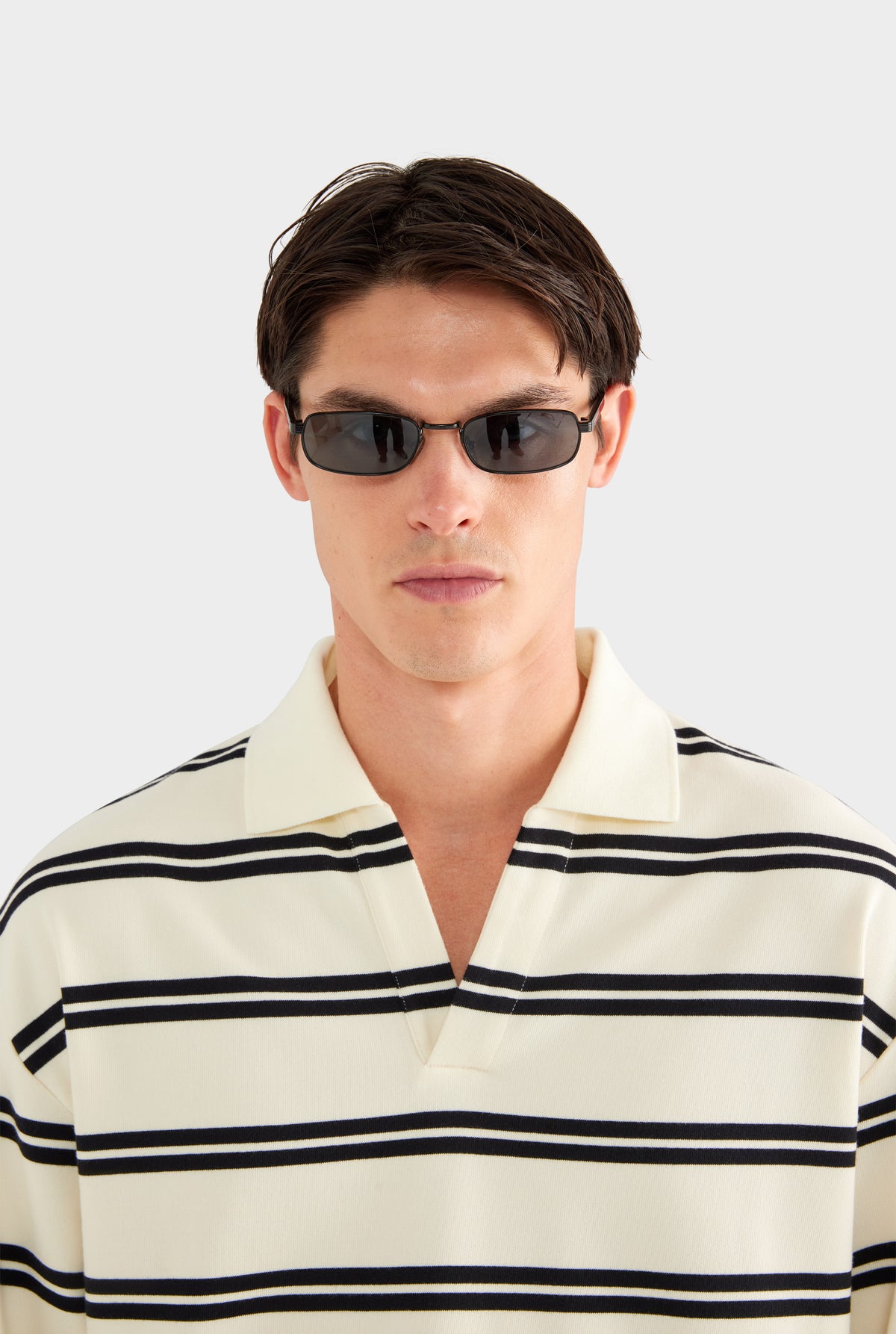 Open Neck Stripe Cotton Polo - Cream/Black Stripe - 50% Cotton 50% Polyester / Cream/Black Stripe / XS