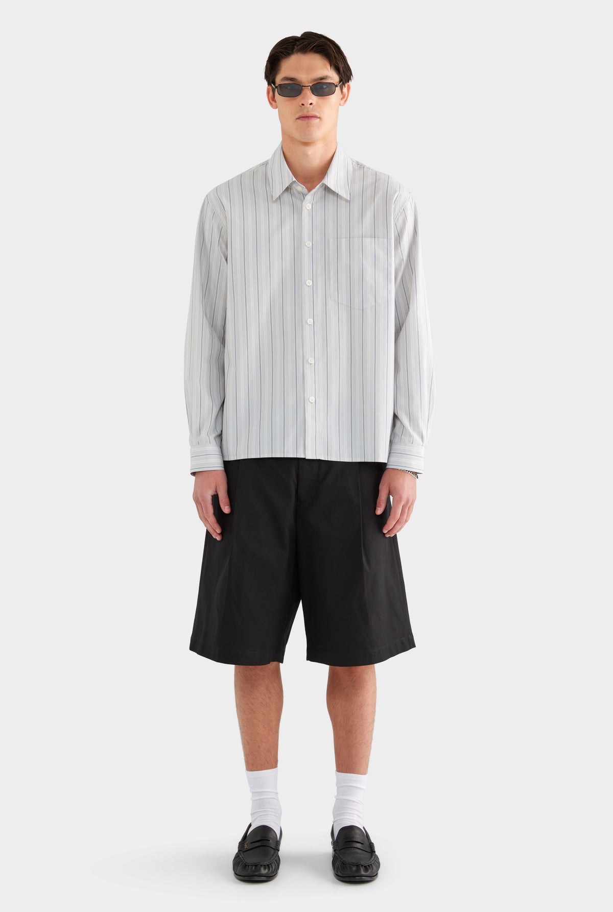 Long Sleeve Relaxed Cotton Poplin Shirt - Taupe/White/Navy Stripe - 100% Cotton / Taupe/White/Navy Stripe / XS