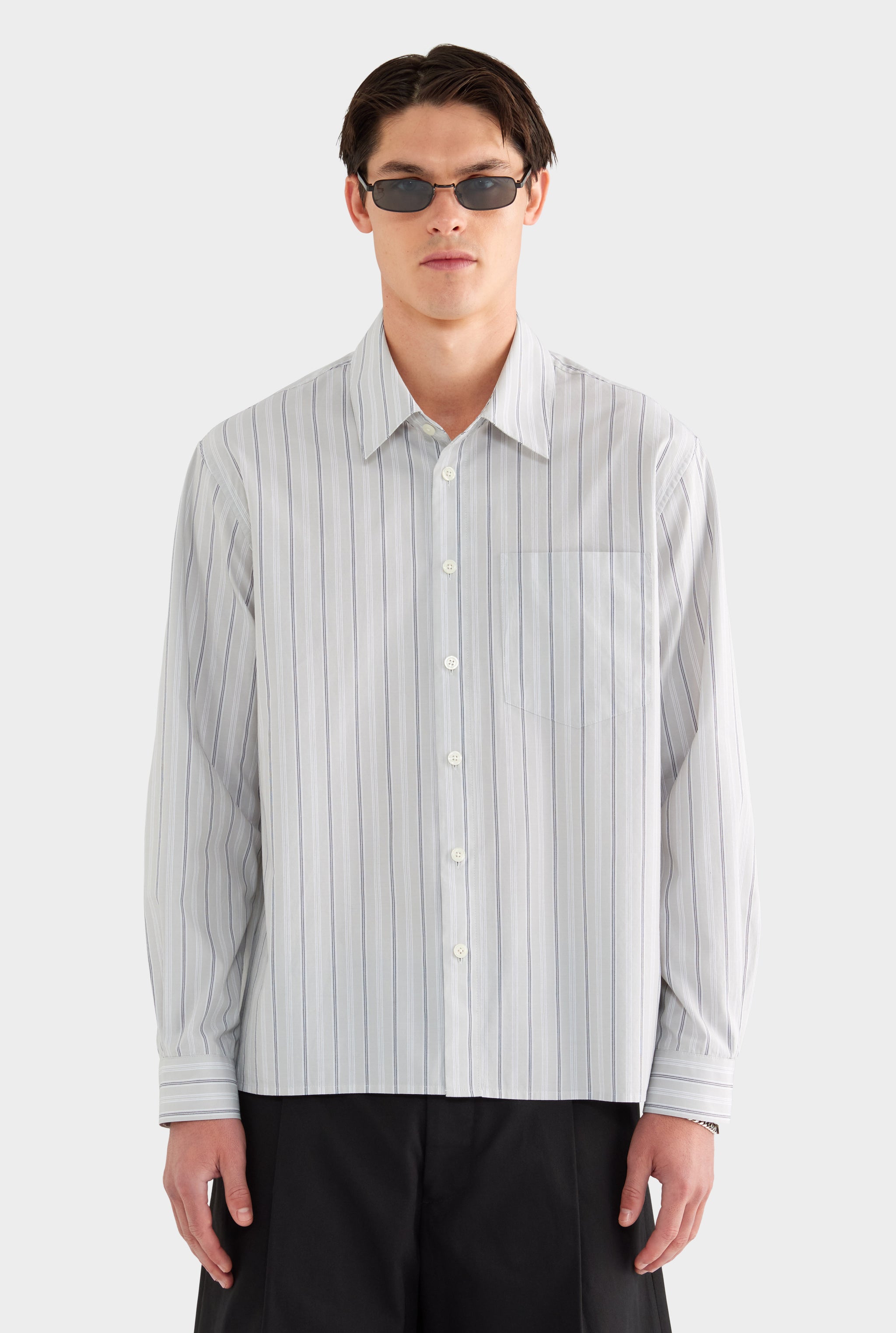 Long Sleeve Relaxed Cotton Poplin Shirt - Taupe/White/Navy Stripe - 100% Cotton / Taupe/White/Navy Stripe / XS