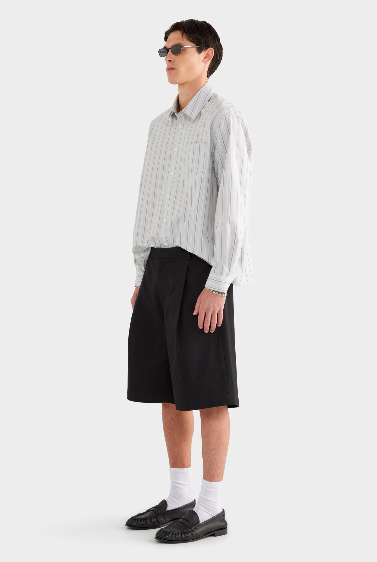 Long Sleeve Relaxed Cotton Poplin Shirt - Taupe/White/Navy Stripe - 100% Cotton / Taupe/White/Navy Stripe / XS