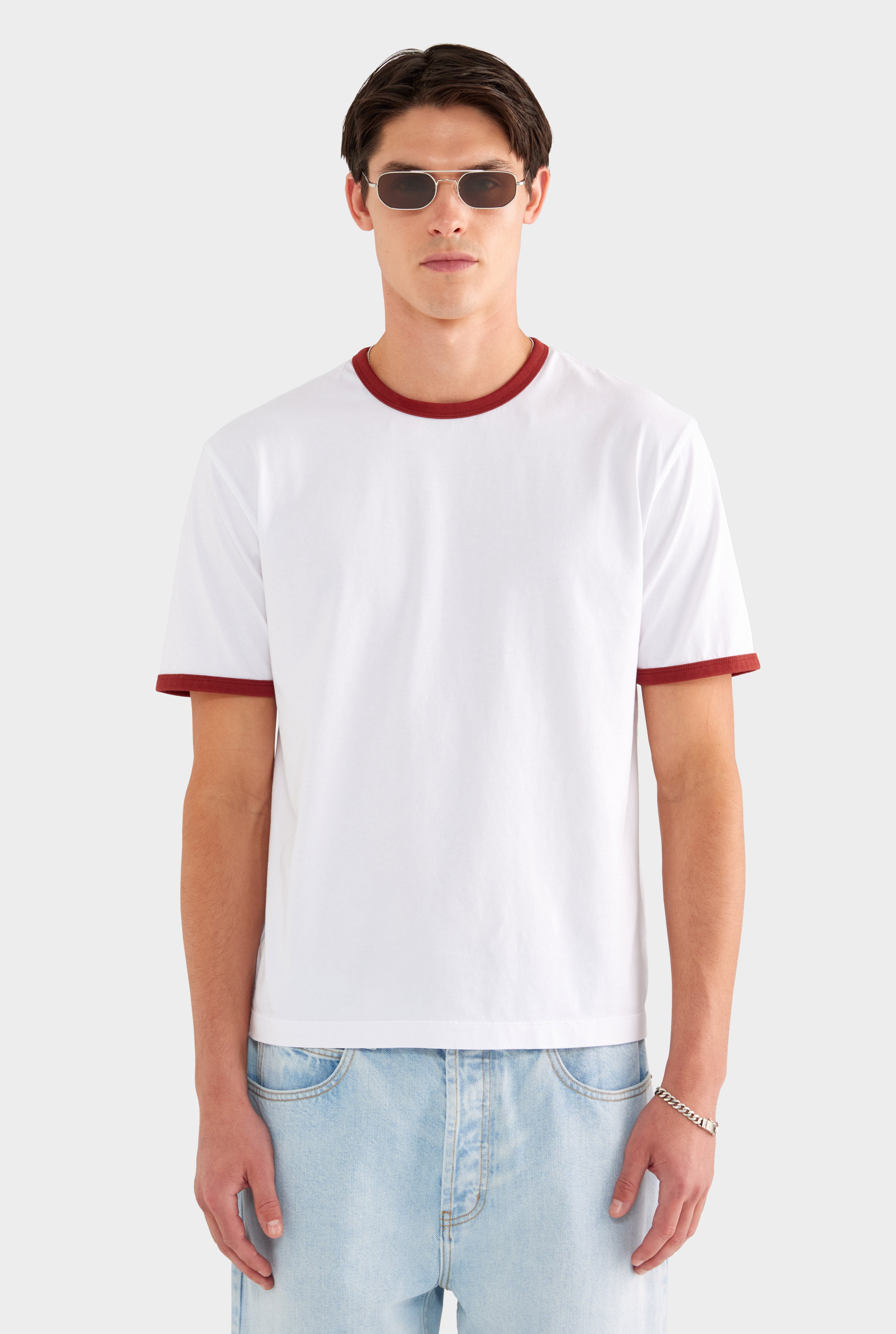 Ringer T Shirt - White/Burnt Red - 100% Cotton / White/Burnt Red / XS