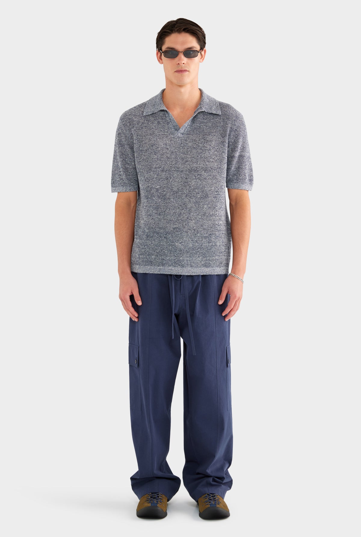 Rib Knit Open Neck Polo - Navy Marl - 100% Linen / Navy Marl / XS