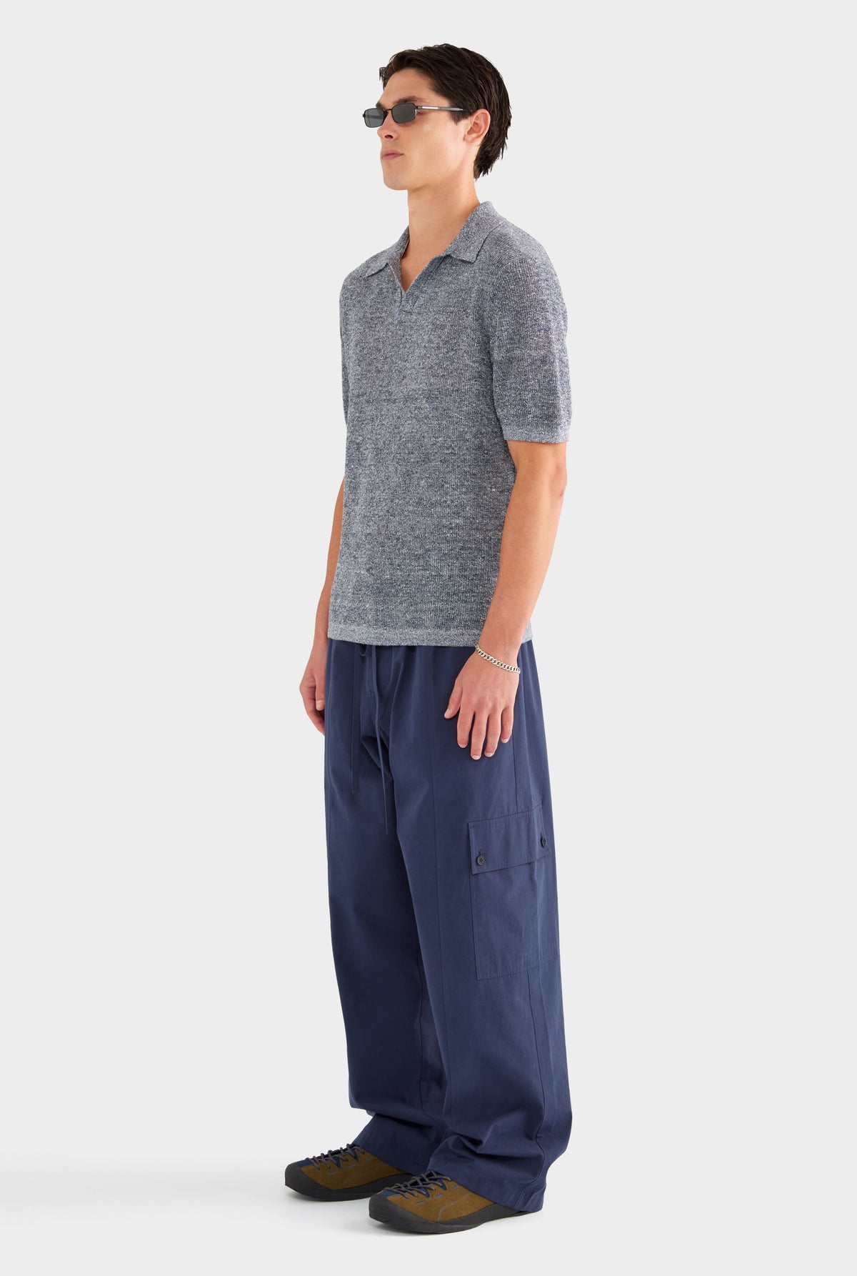Rib Knit Open Neck Polo - Navy Marl - 100% Linen / Navy Marl / XS