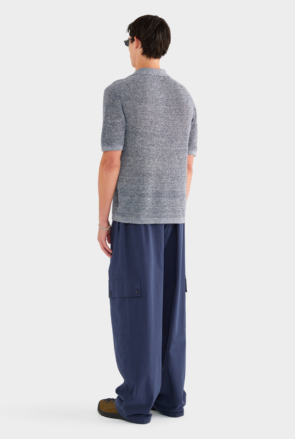 Rib Knit Open Neck Polo - Navy Marl - 100% Linen / Navy Marl / XS
