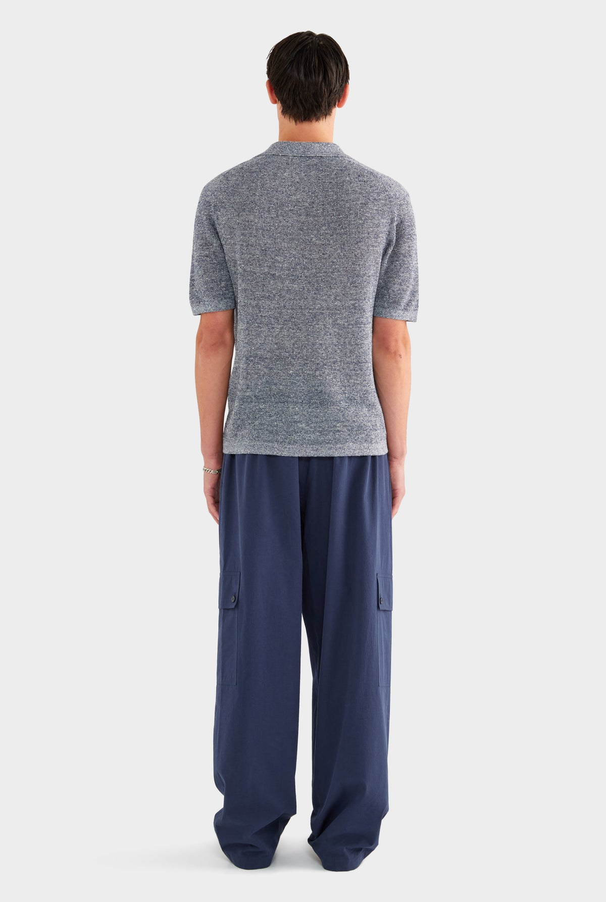 Rib Knit Open Neck Polo - Navy Marl - 100% Linen / Navy Marl / XS
