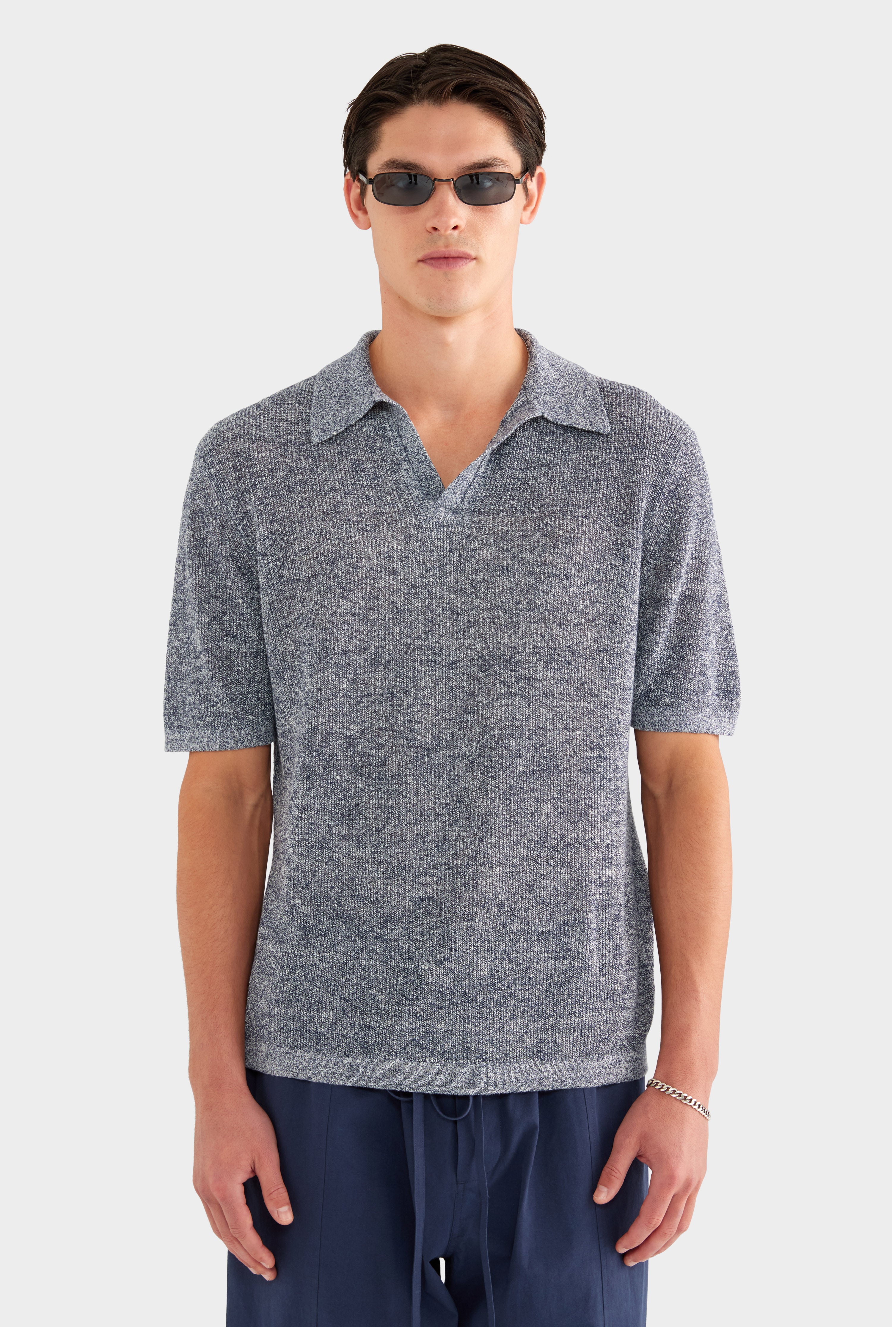 Rib Knit Open Neck Polo - Navy Marl - 100% Linen / Navy Marl / XS