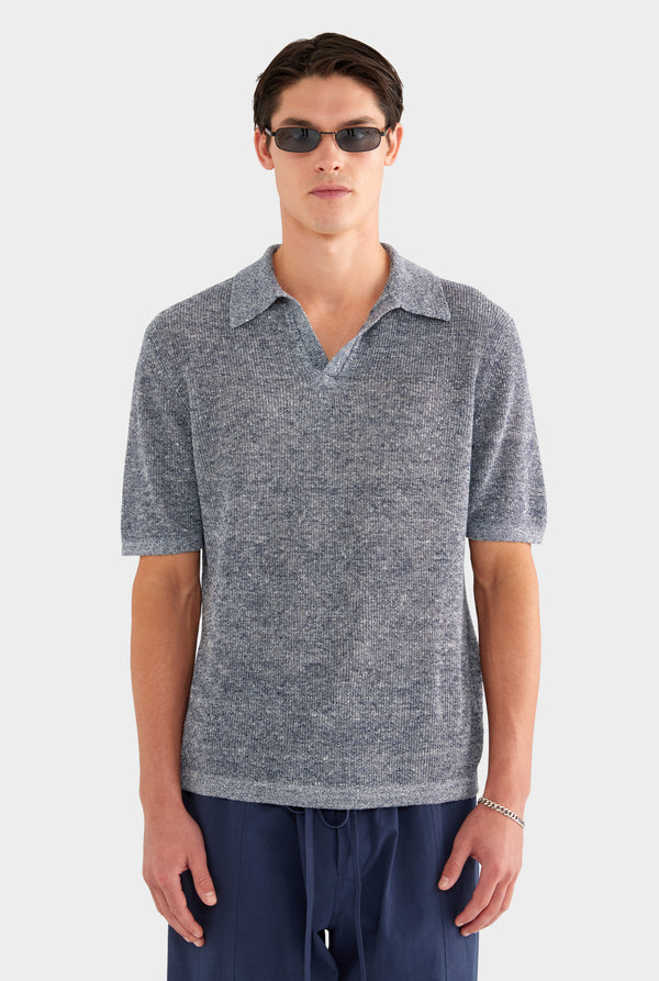 Rib Knit Open Neck Polo - Navy Marl - 100% Linen / Navy Marl / XS