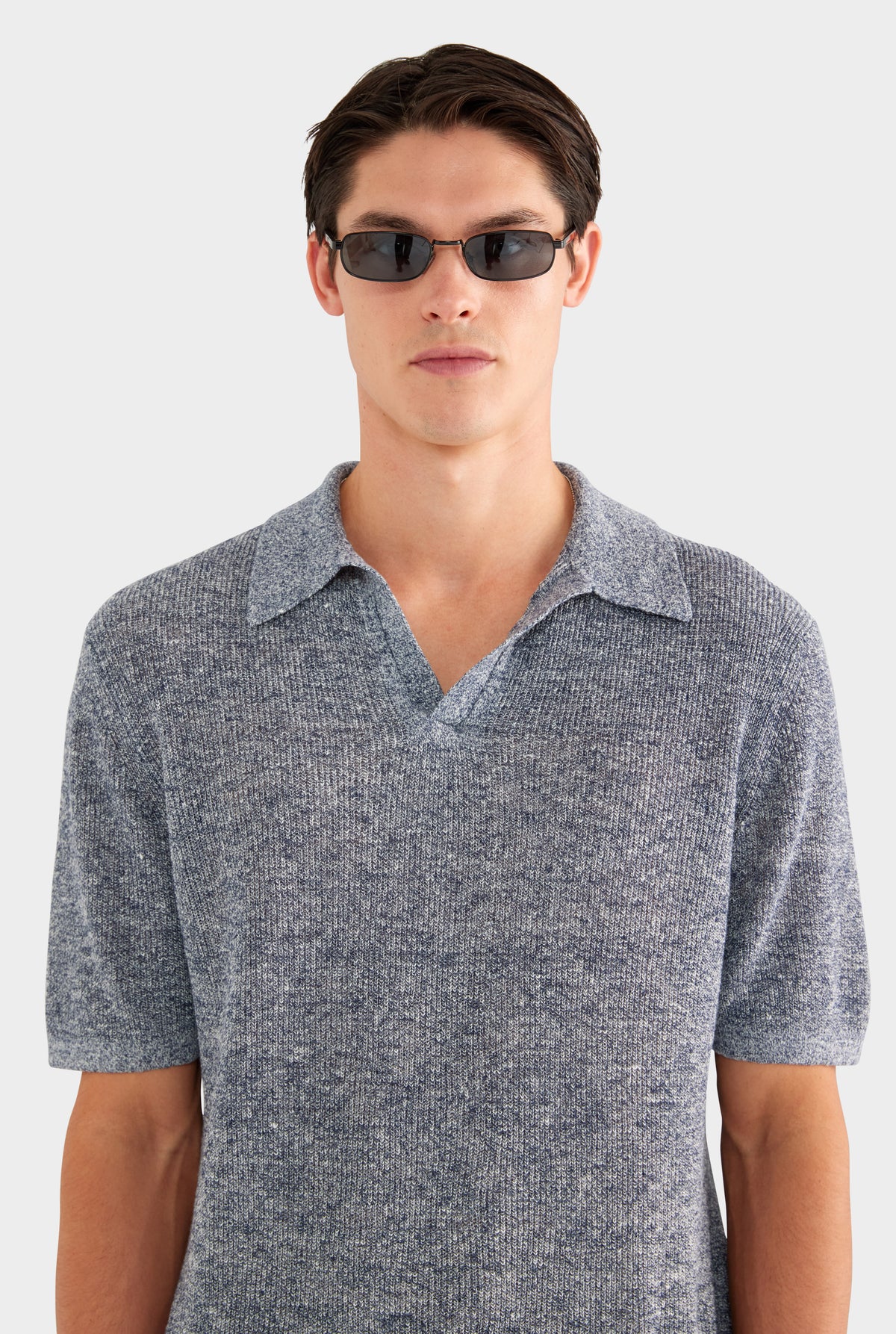 Rib Knit Open Neck Polo - Navy Marl - 100% Linen / Navy Marl / XS