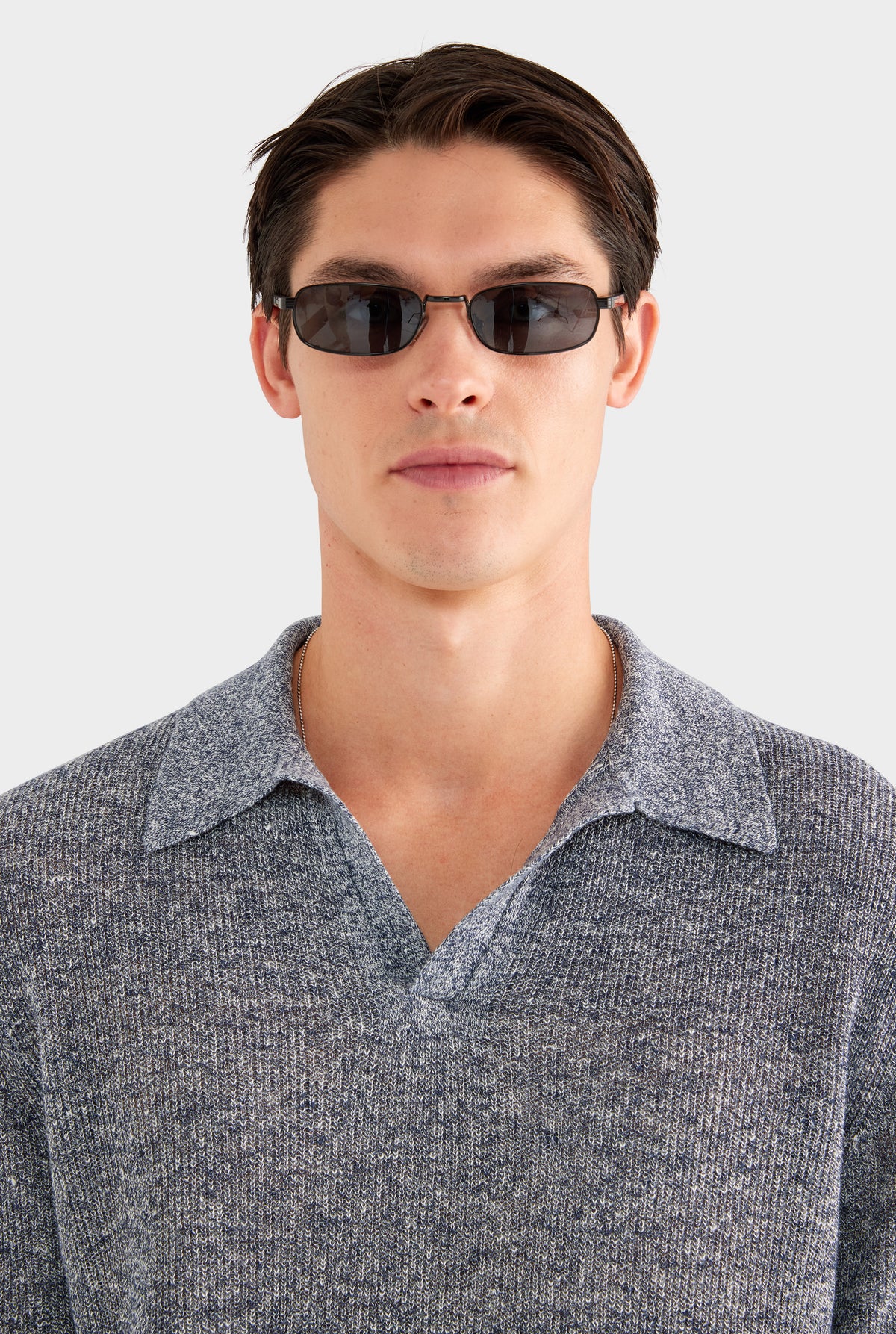 Rib Knit Open Neck Polo - Navy Marl - 100% Linen / Navy Marl / XS