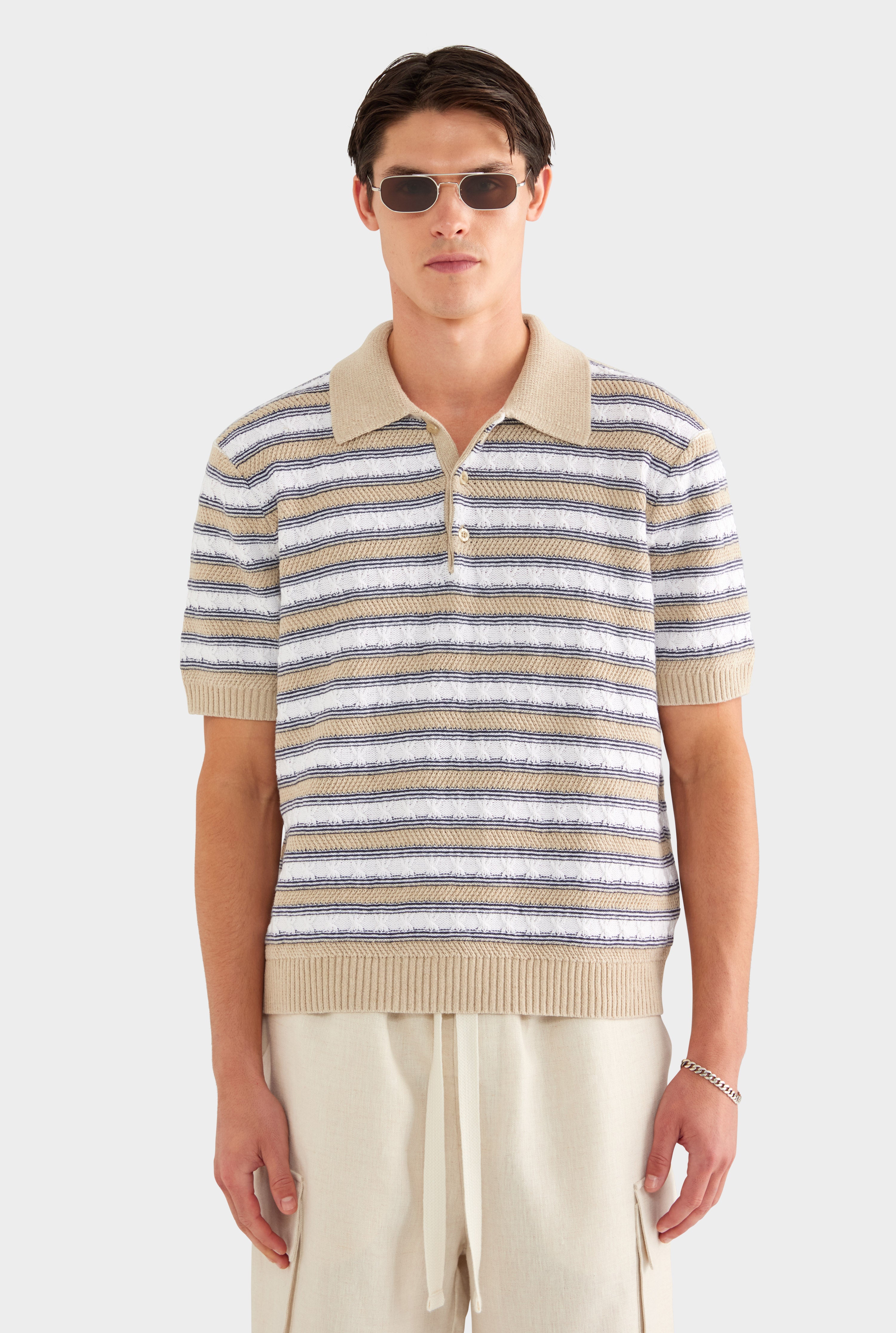 Textured Cotton Linen Knit Polo - White/Navy/Taupe Stripe - 55% Linen 45% Cotton / White/Navy/Taupe Stripe / XS