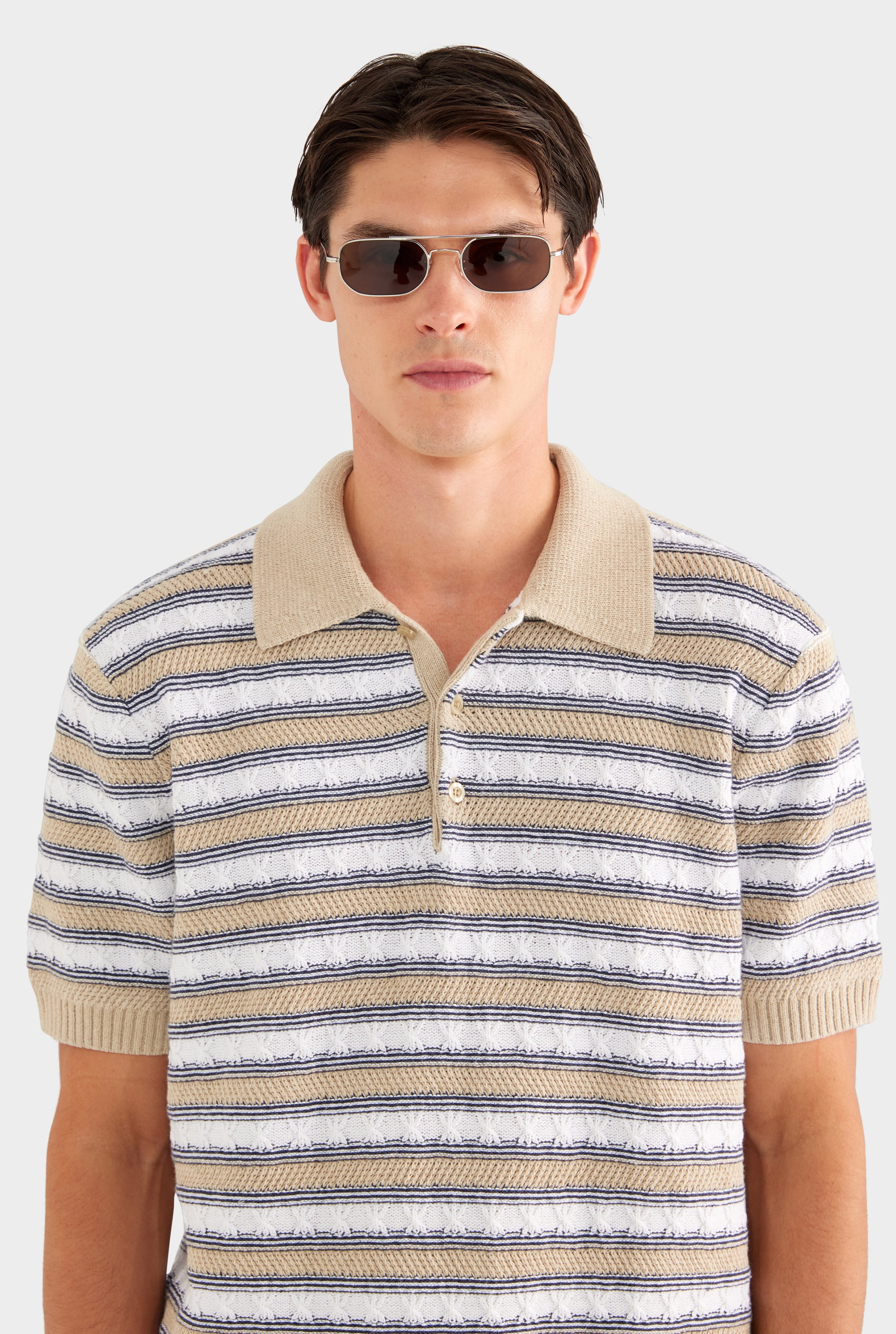 Textured Cotton Linen Knit Polo - White/Navy/Taupe Stripe - 55% Linen 45% Cotton / White/Navy/Taupe Stripe / XS