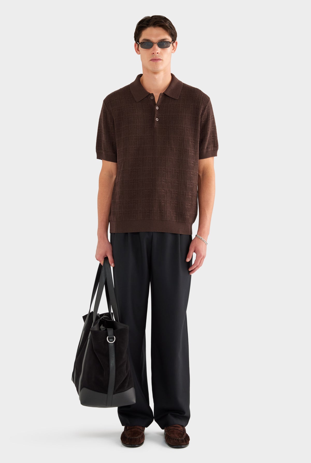 Dropstitch Textured Knit Polo - Dark Chocolate - 69% Tencel 25% Cotton 6% Silk / Dark Chocolate / XS