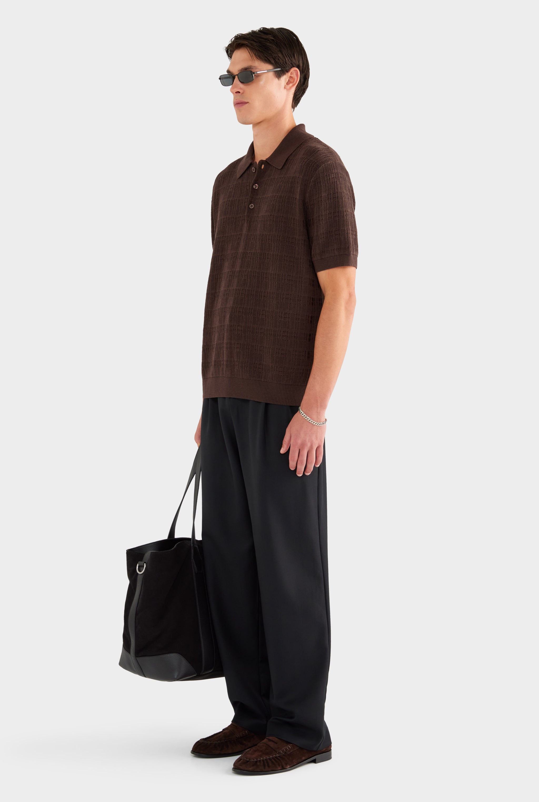 Dropstitch Textured Knit Polo - Dark Chocolate - 69% Tencel 25% Cotton 6% Silk / Dark Chocolate / XS