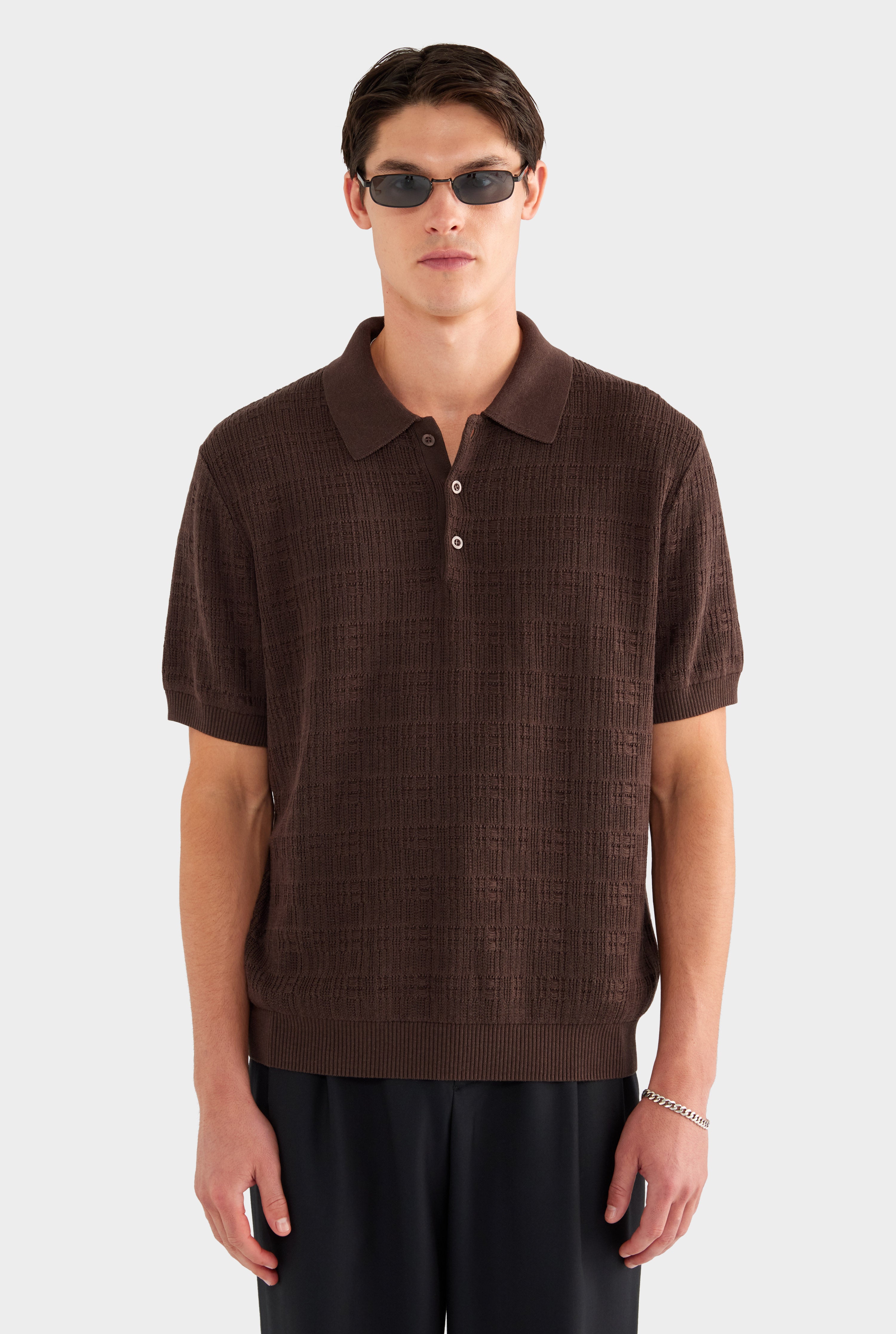 Dropstitch Textured Knit Polo - Dark Chocolate - 69% Tencel 25% Cotton 6% Silk / Dark Chocolate / XS