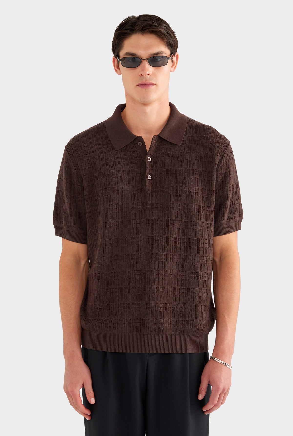 Dropstitch Textured Knit Polo - Dark Chocolate - 69% Tencel 25% Cotton 6% Silk / Dark Chocolate / XS