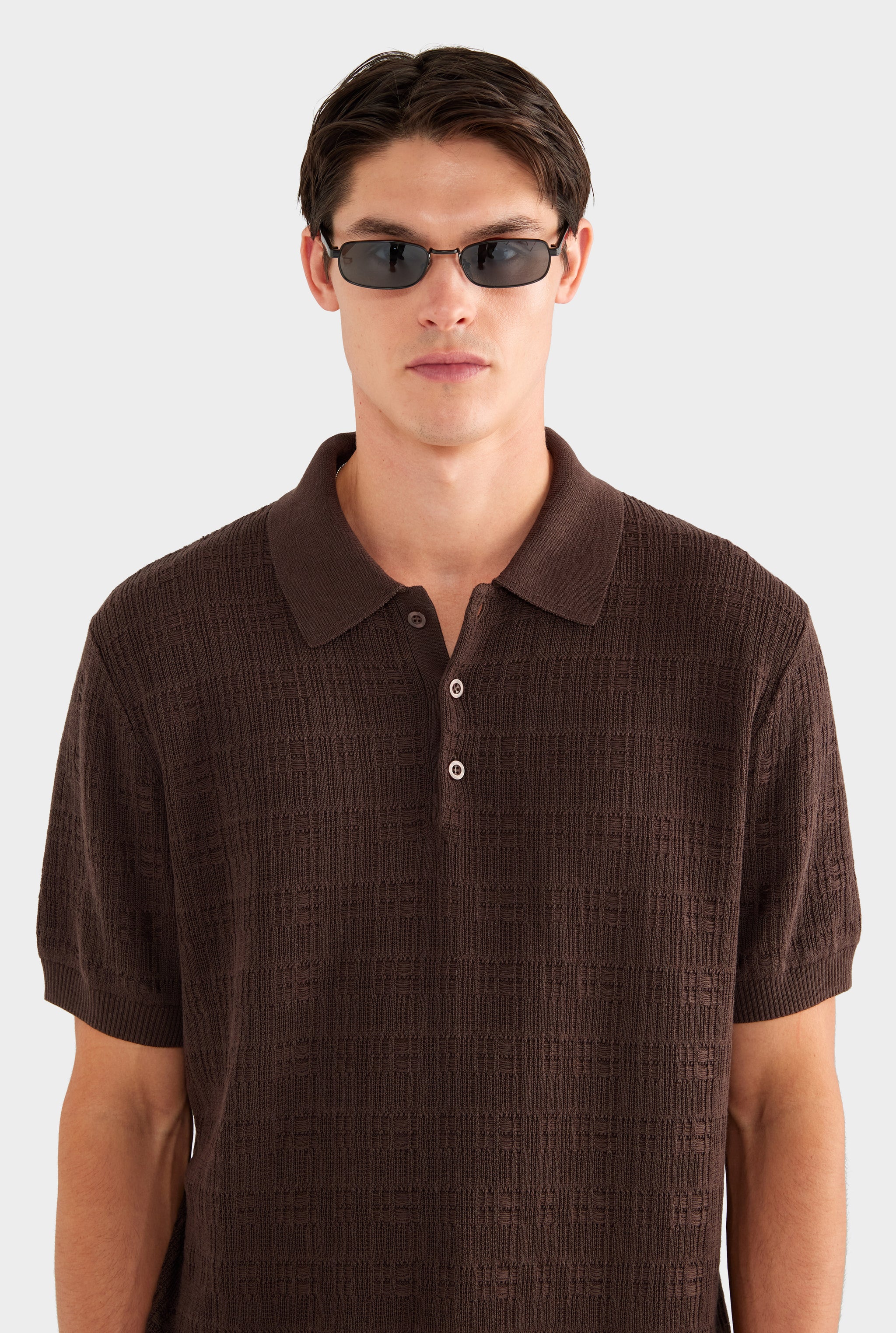 Dropstitch Textured Knit Polo - Dark Chocolate - 69% Tencel 25% Cotton 6% Silk / Dark Chocolate / XS