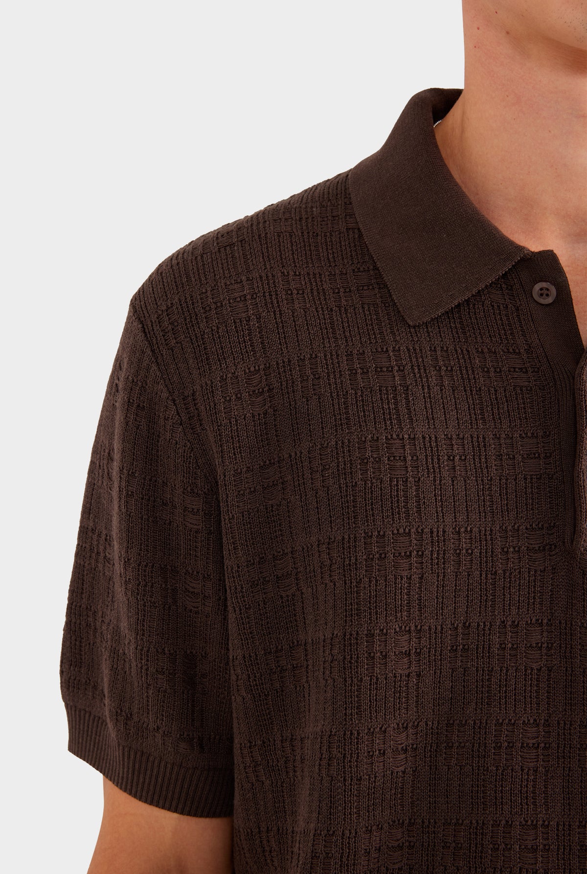 Dropstitch Textured Knit Polo - Dark Chocolate - 69% Tencel 25% Cotton 6% Silk / Dark Chocolate / XS