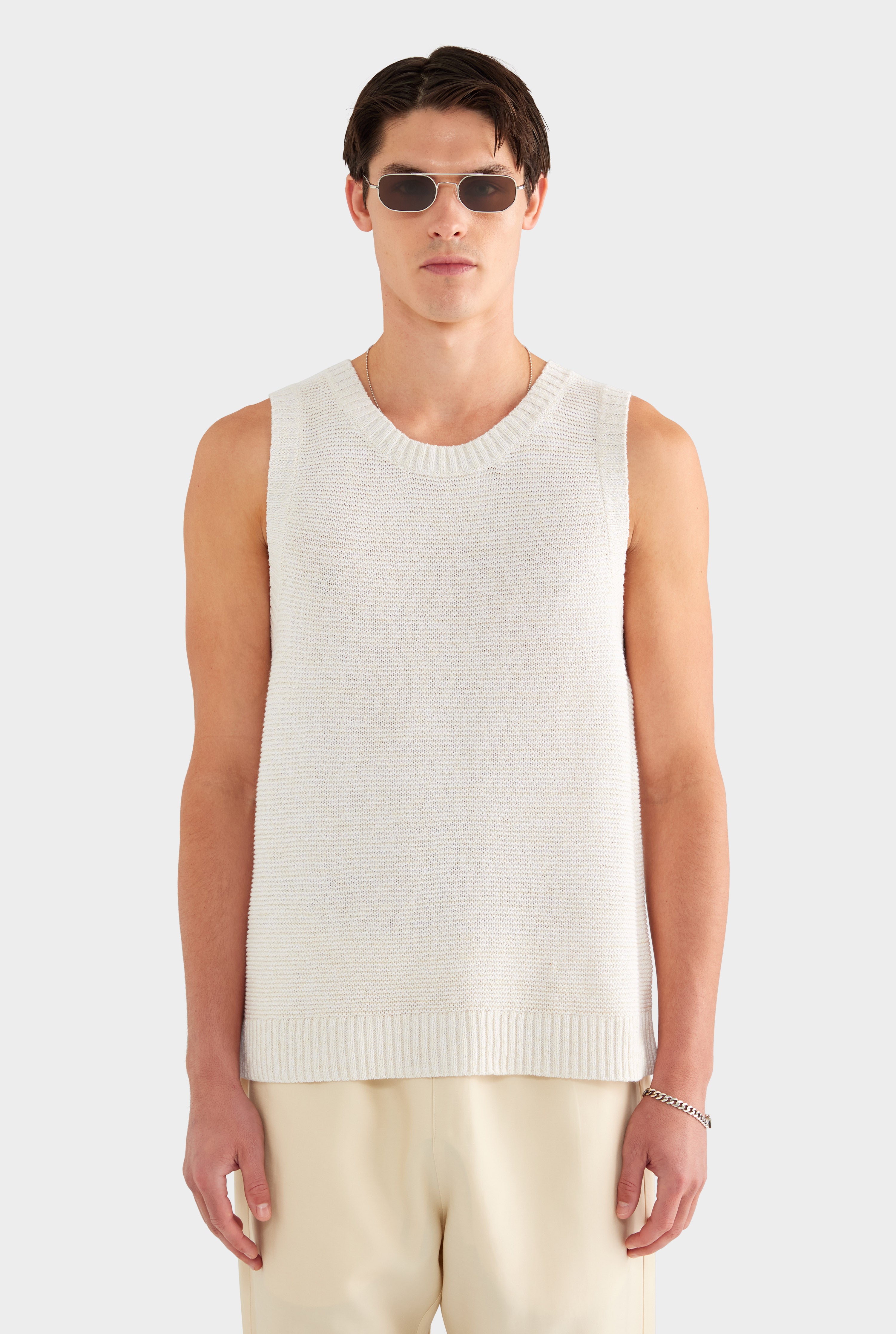 Marled Cotton Linen Tank - Cream/White - 55% Linen 45% Cotton / Cream/White / XS