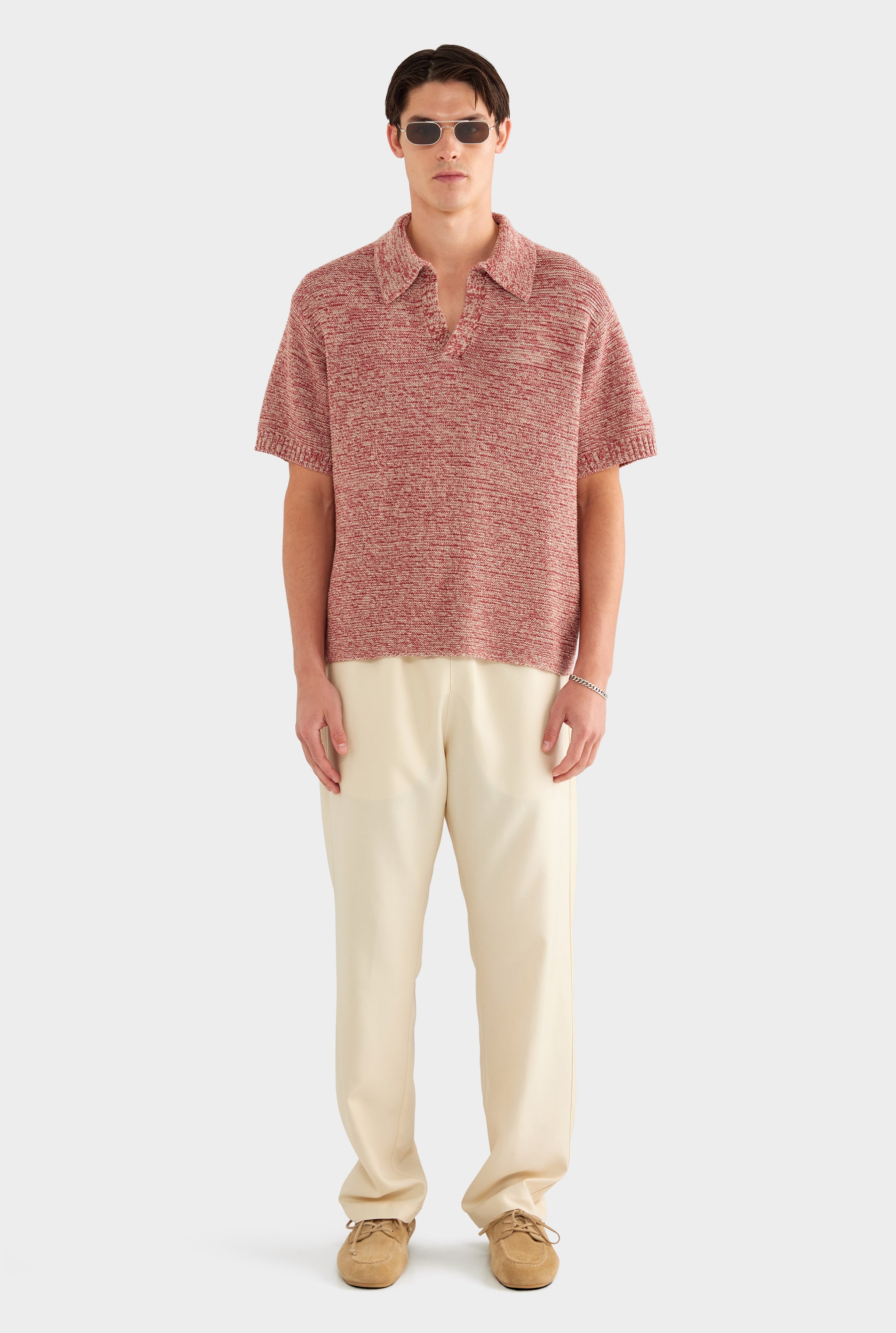 Marled Cotton Linen Polo - Burnt Red/Linen - 55% Linen 45% Cotton / Burnt Red/Linen / XS
