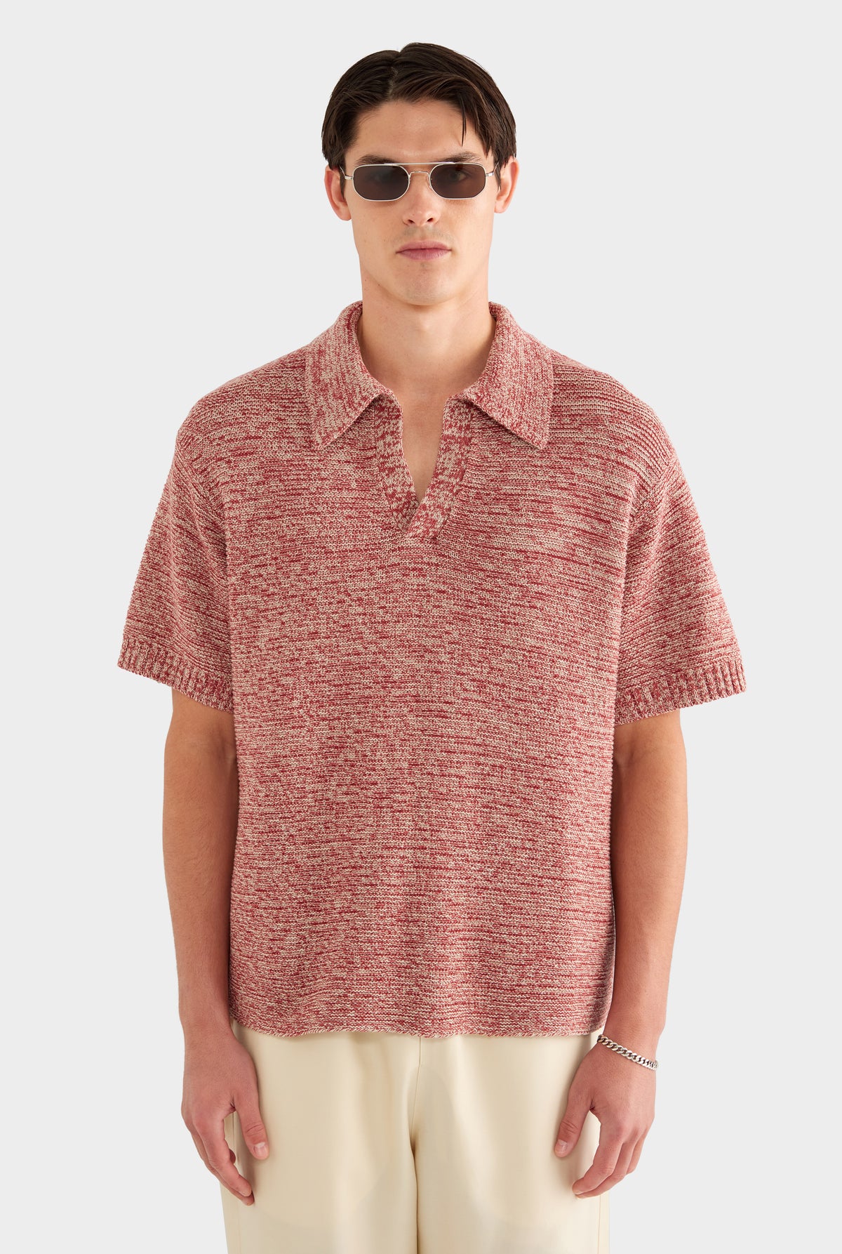 Marled Cotton Linen Polo - Burnt Red/Linen - 55% Linen 45% Cotton / Burnt Red/Linen / XS