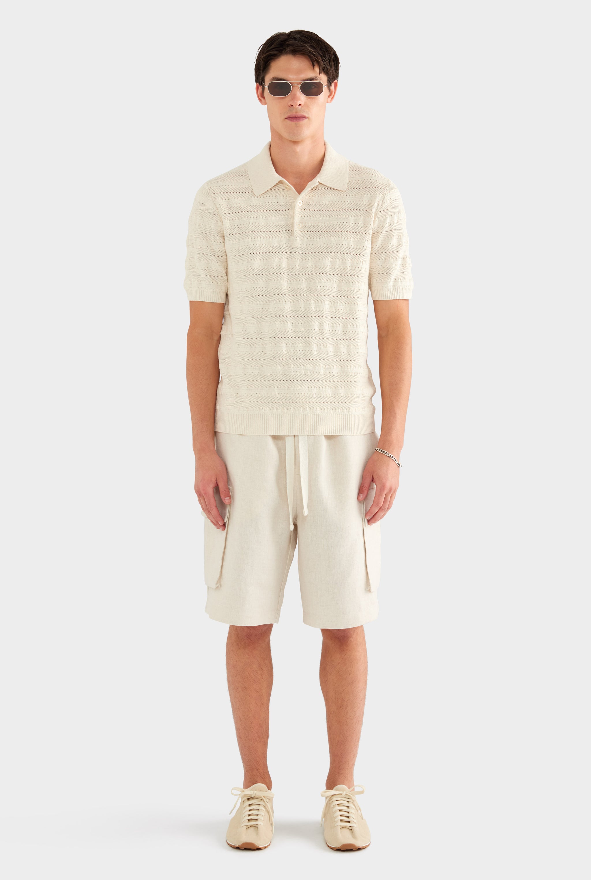 Linen Cotton Pointelle Polo - Natural - 55% Linen 45% Cotton / Natural / XS
