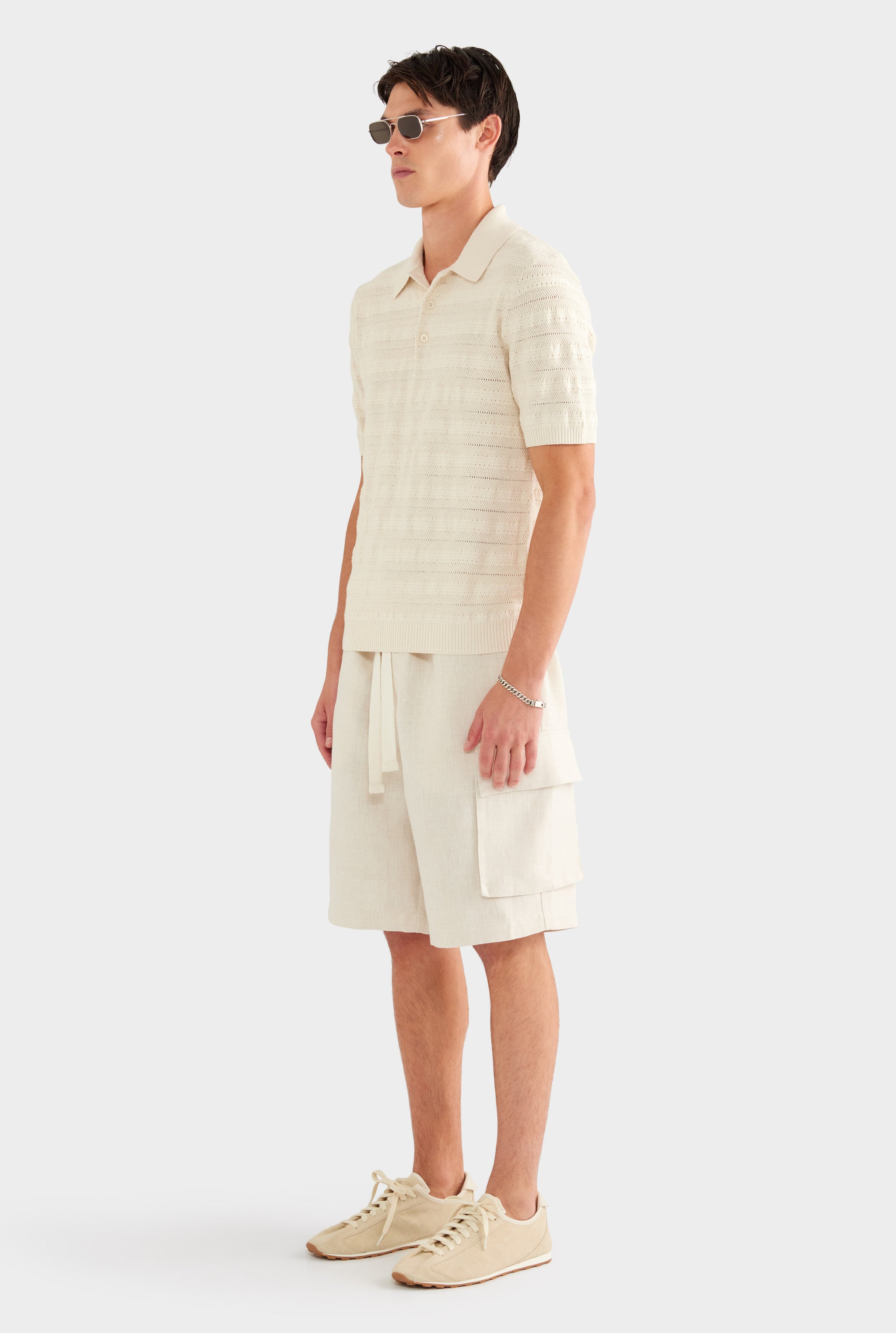 Linen Cotton Pointelle Polo - Natural - 55% Linen 45% Cotton / Natural / XS