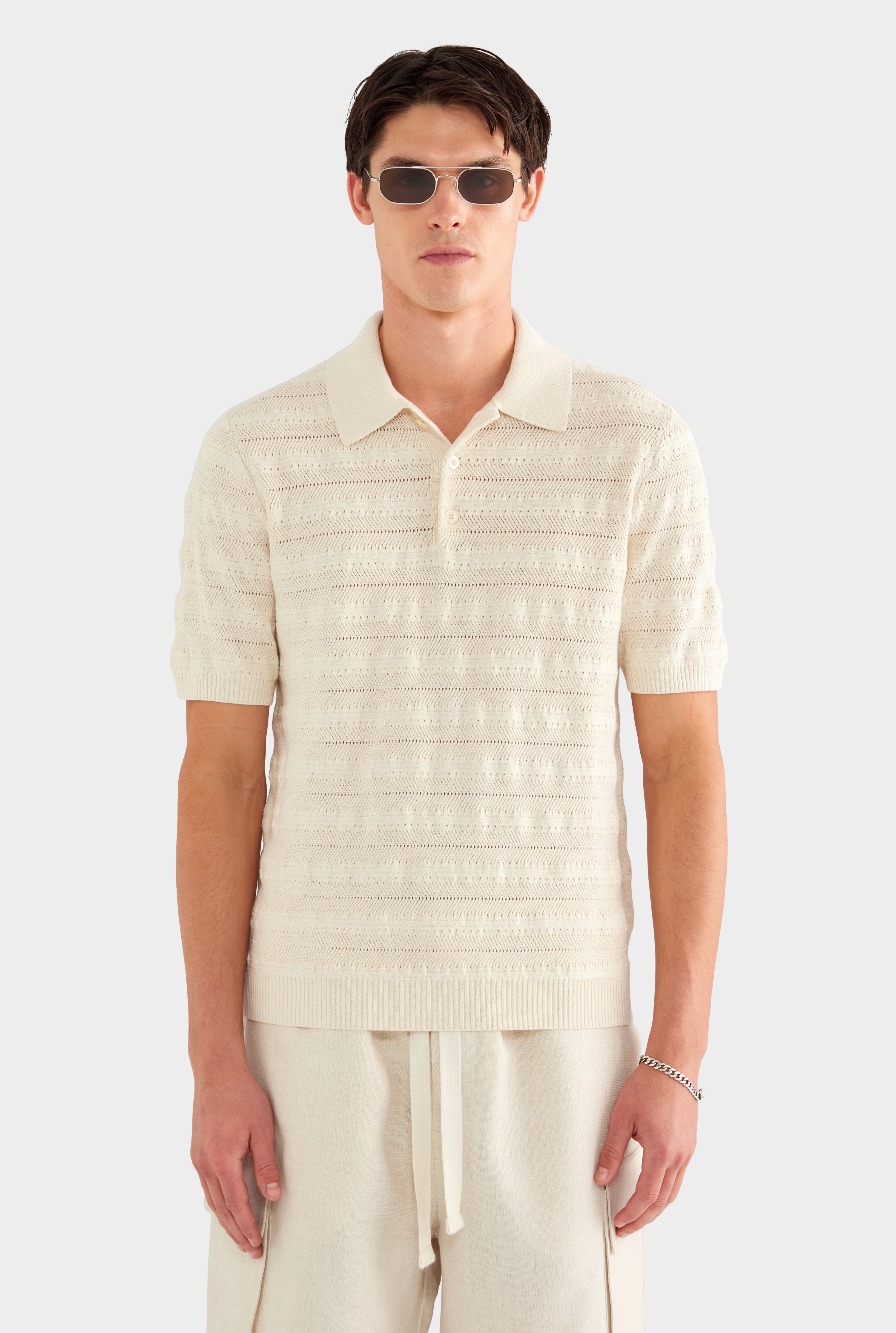 Linen Cotton Pointelle Polo - Natural - 55% Linen 45% Cotton / Natural / XS