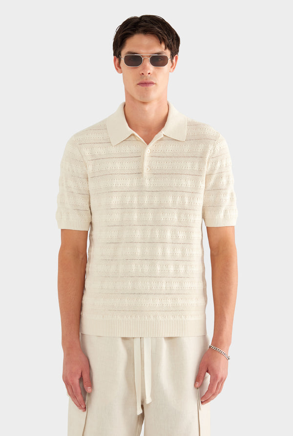 Linen Cotton Pointelle Polo - Natural - 55% Linen 45% Cotton / Natural / XS