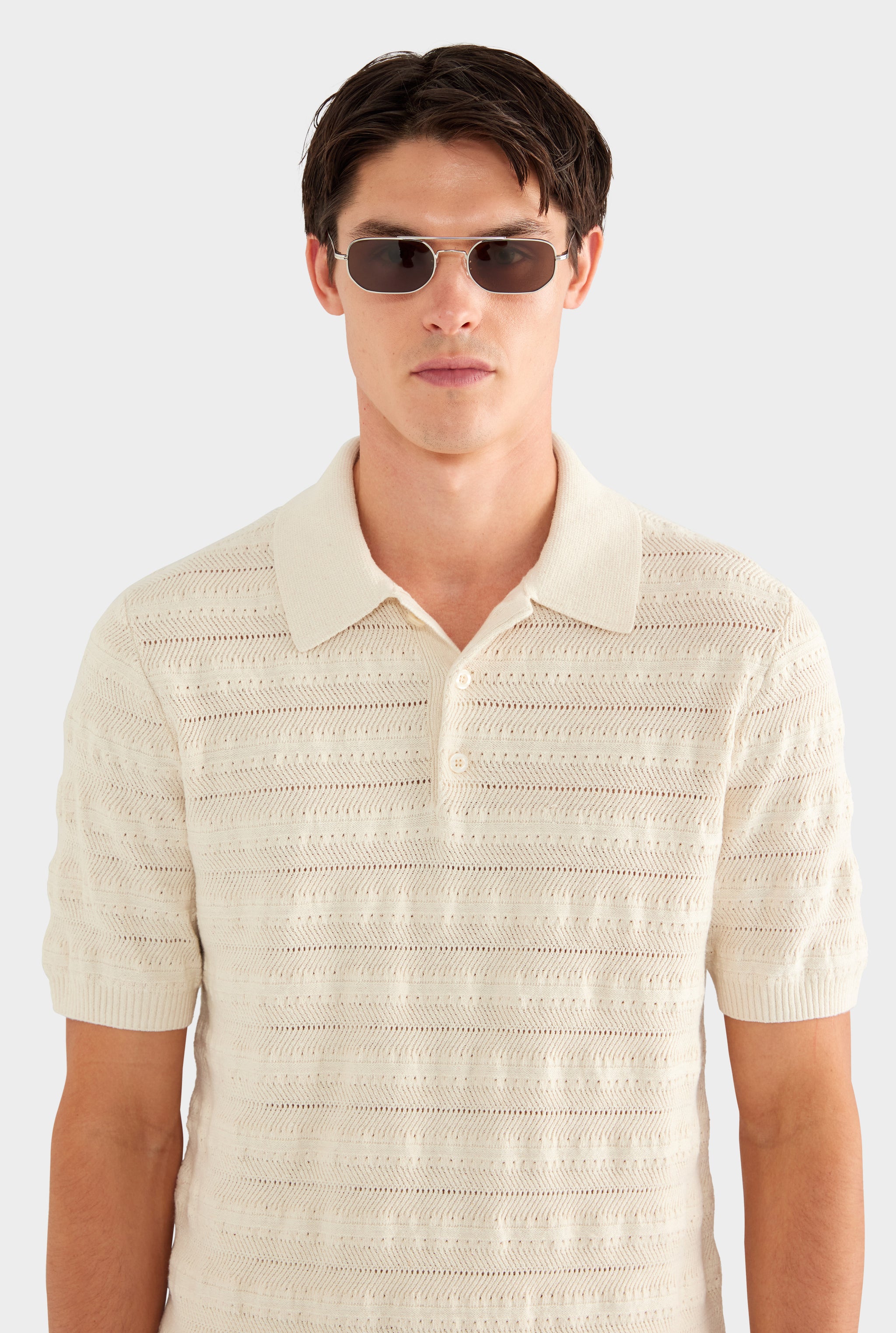 Linen Cotton Pointelle Polo - Natural - 55% Linen 45% Cotton / Natural / XS