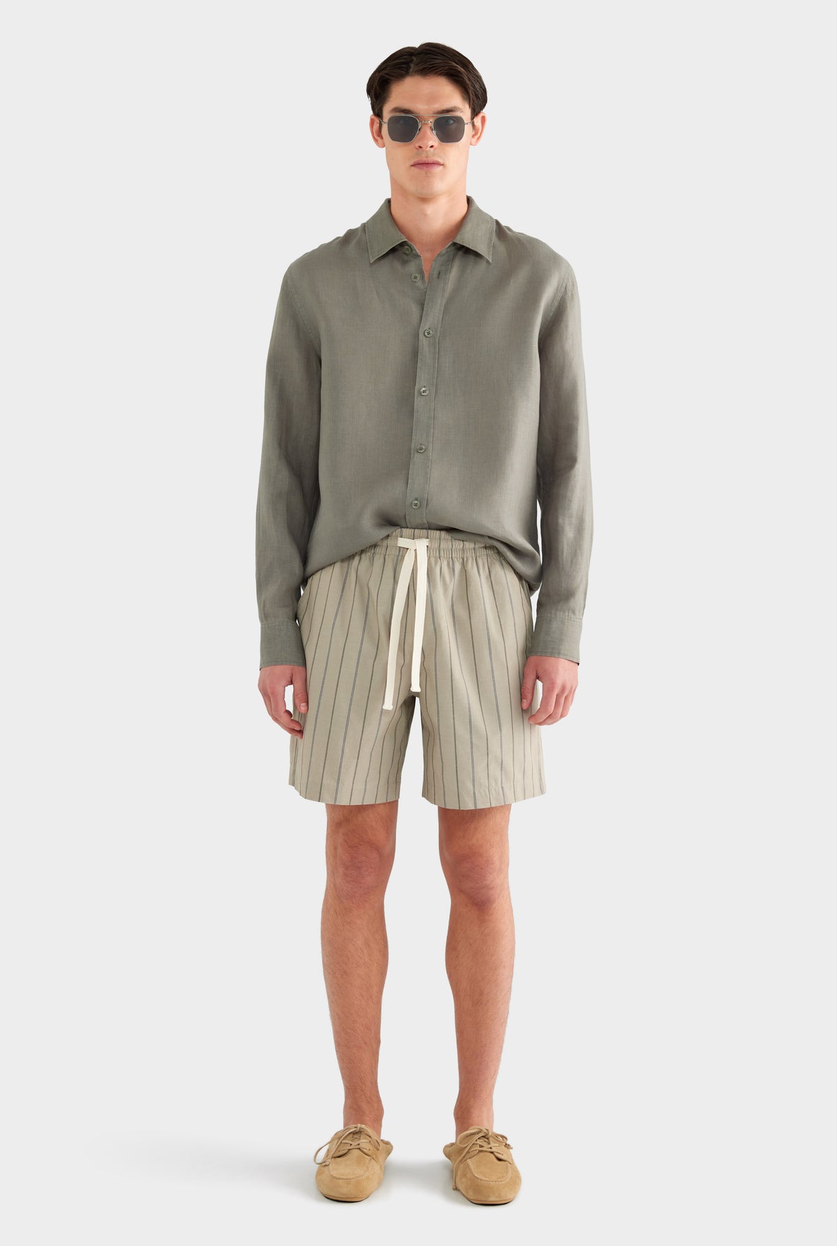 Stripe Lounge Short - Dried Sage/Forest Stripe - 85% Cotton 15% Linen / Dried Sage/Forest Stripe / S