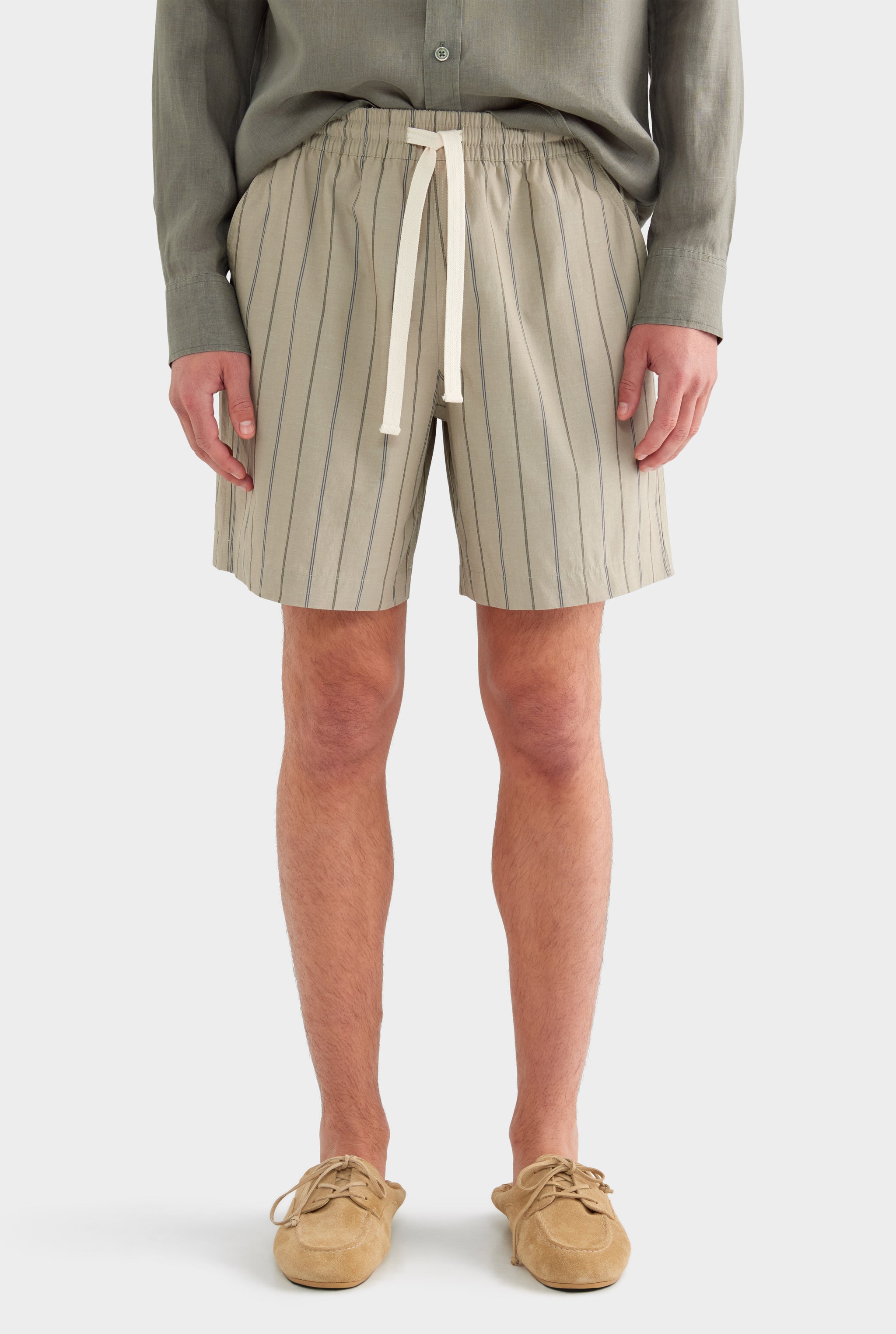 Stripe Lounge Short - Dried Sage/Forest Stripe - 85% Cotton 15% Linen / Dried Sage/Forest Stripe / S