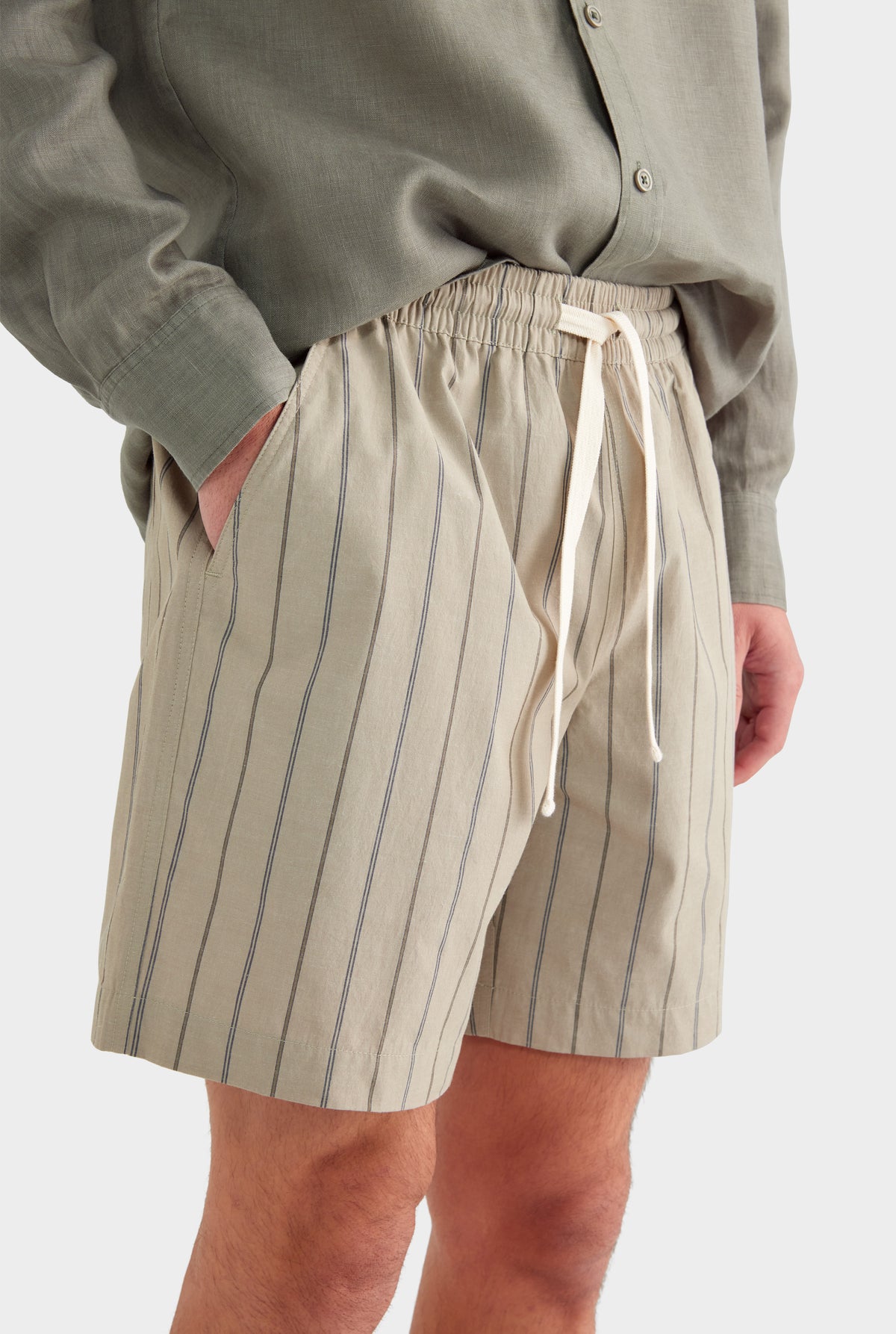 Stripe Lounge Short - Dried Sage/Forest Stripe - 85% Cotton 15% Linen / Dried Sage/Forest Stripe / S
