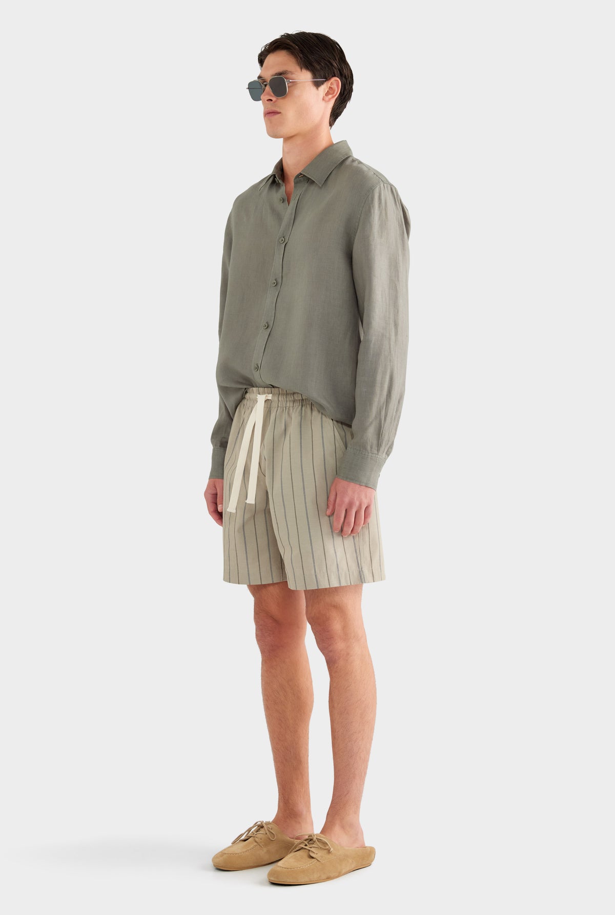 Stripe Lounge Short - Dried Sage/Forest Stripe - 85% Cotton 15% Linen / Dried Sage/Forest Stripe / S