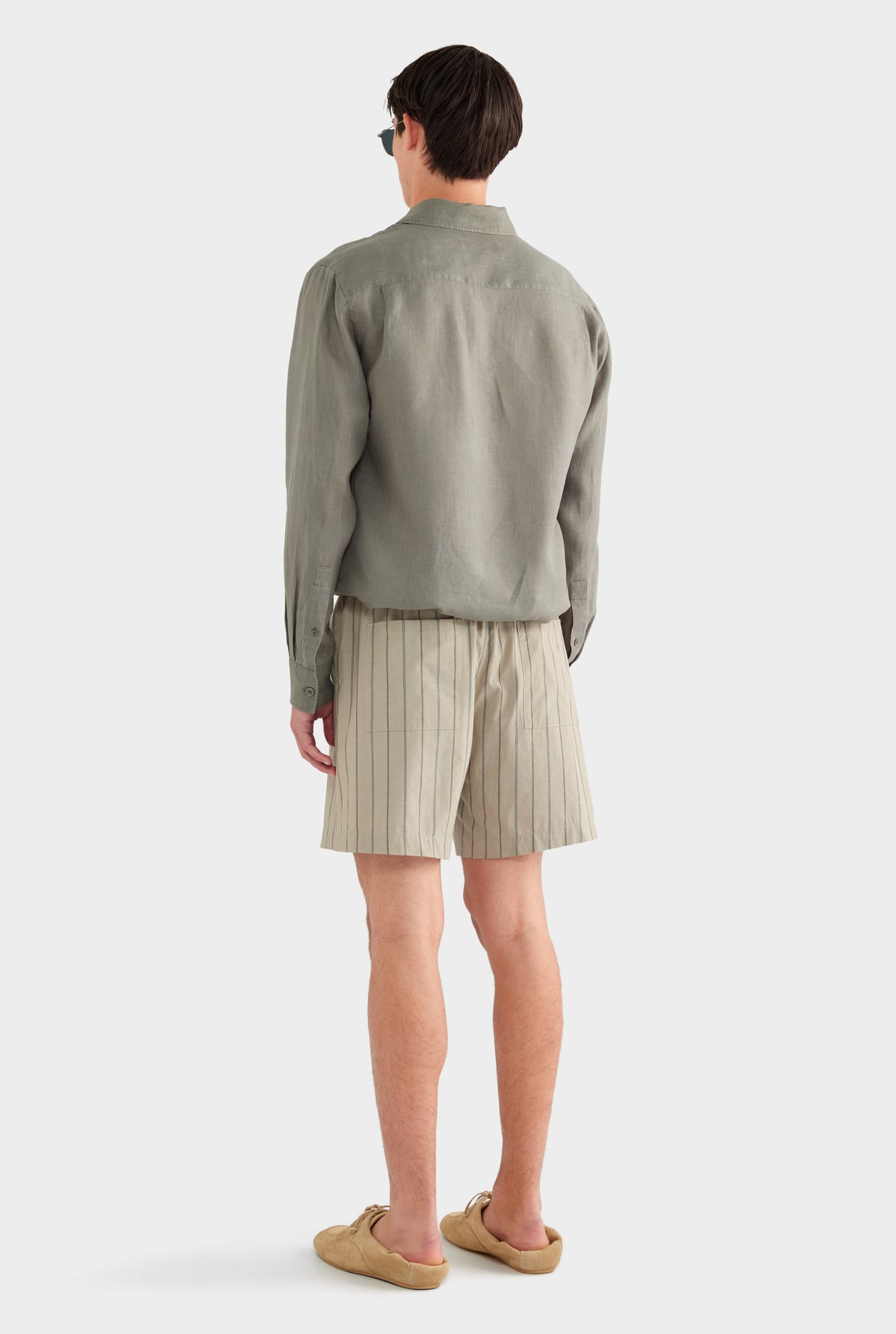 Stripe Lounge Short - Dried Sage/Forest Stripe - 85% Cotton 15% Linen / Dried Sage/Forest Stripe / S