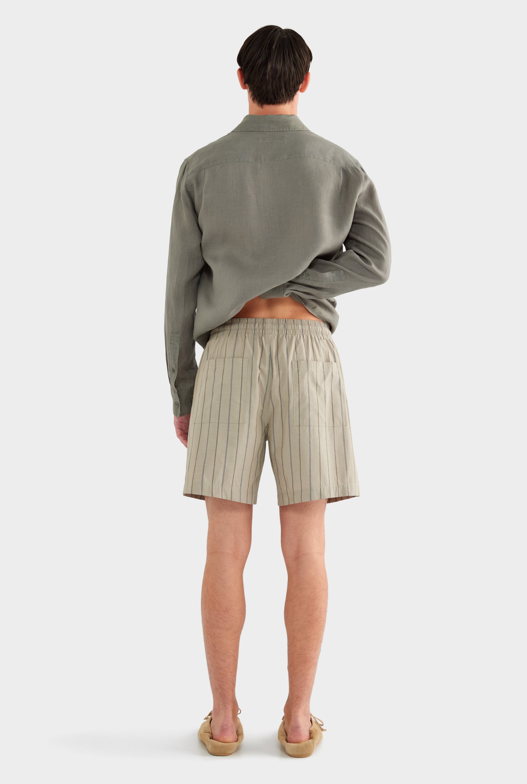 Stripe Lounge Short - Dried Sage/Forest Stripe - 85% Cotton 15% Linen / Dried Sage/Forest Stripe / S