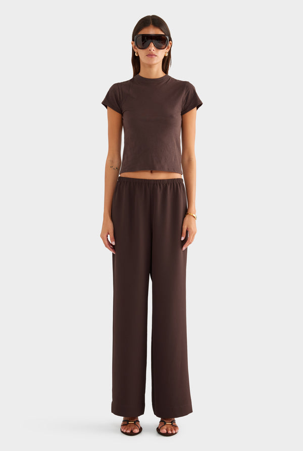 Crepe Elastic Waist Pant - Dark Chocolate - XS