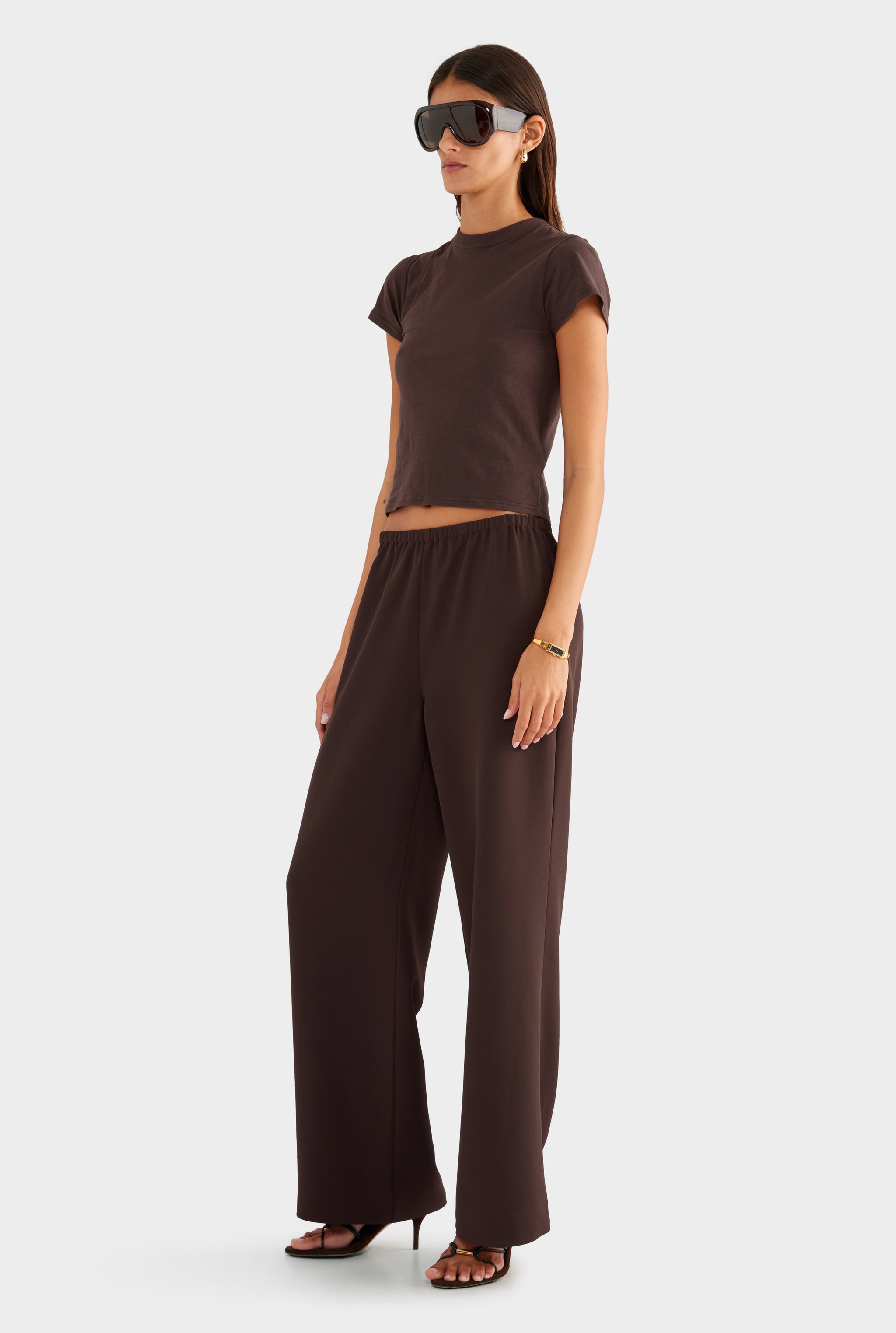 Crepe Elastic Waist Pant - Dark Chocolate - XS