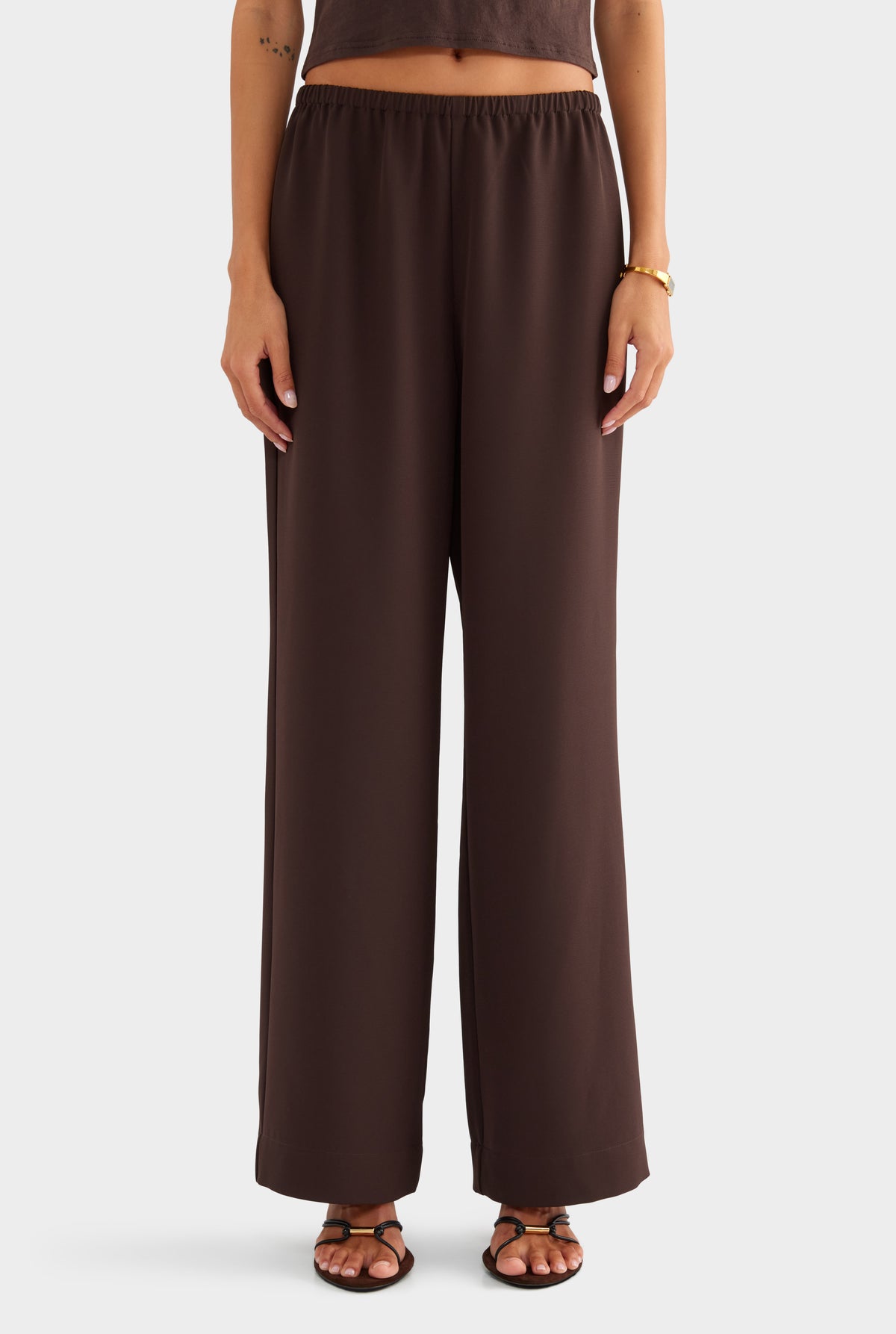 Crepe Elastic Waist Pant - Dark Chocolate - XS