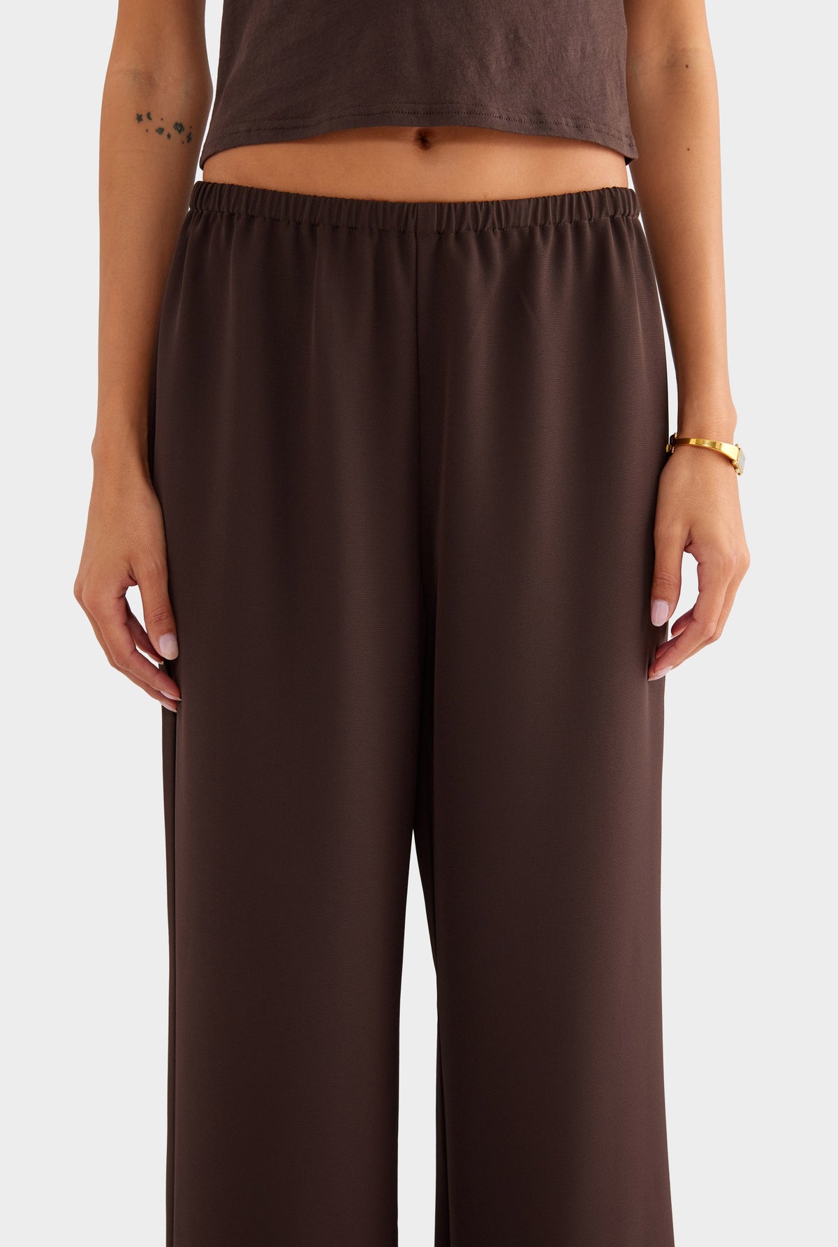 Crepe Elastic Waist Pant - Dark Chocolate - XS
