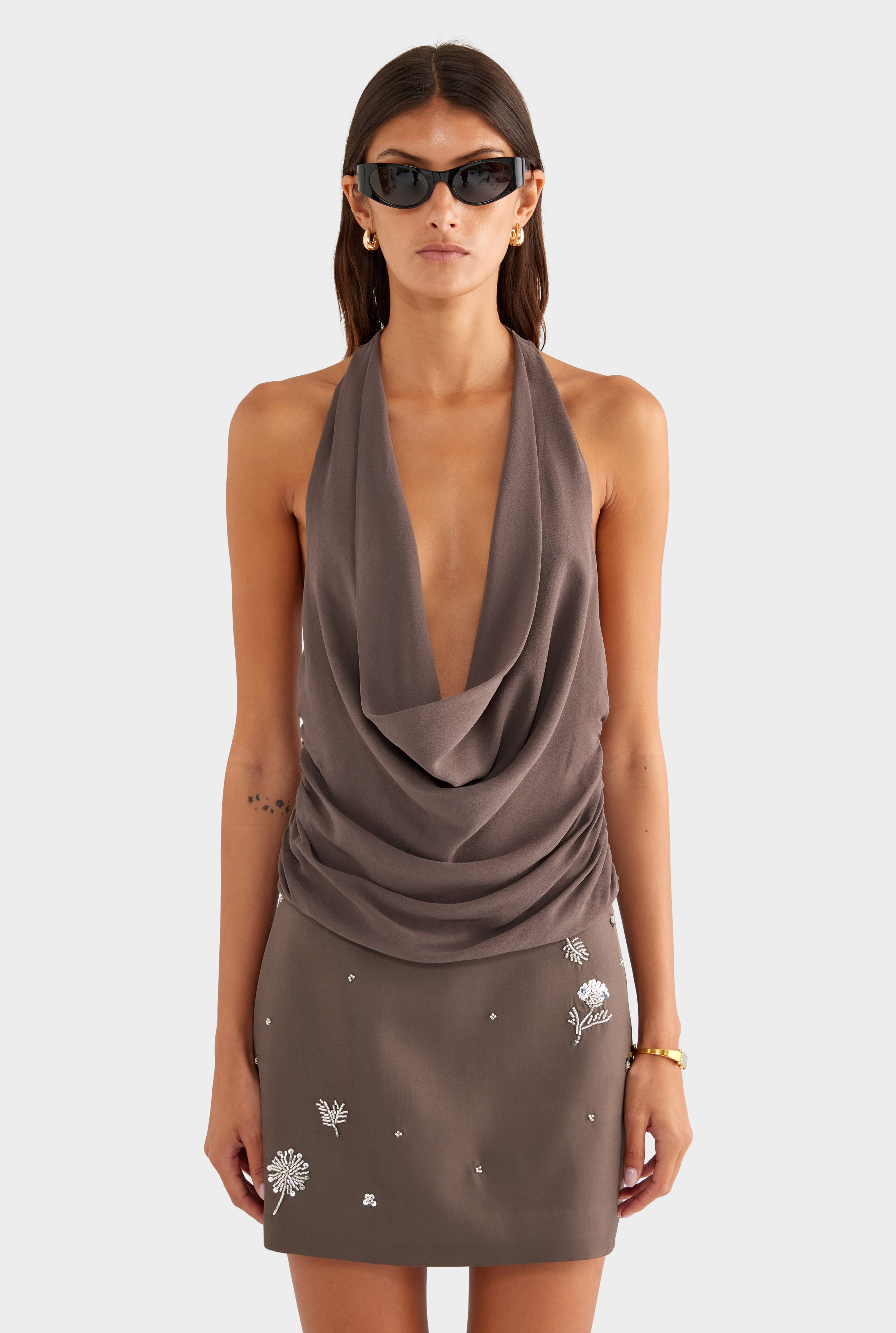 Deep Cowl Sheer Silk Halter - Mocha - XS